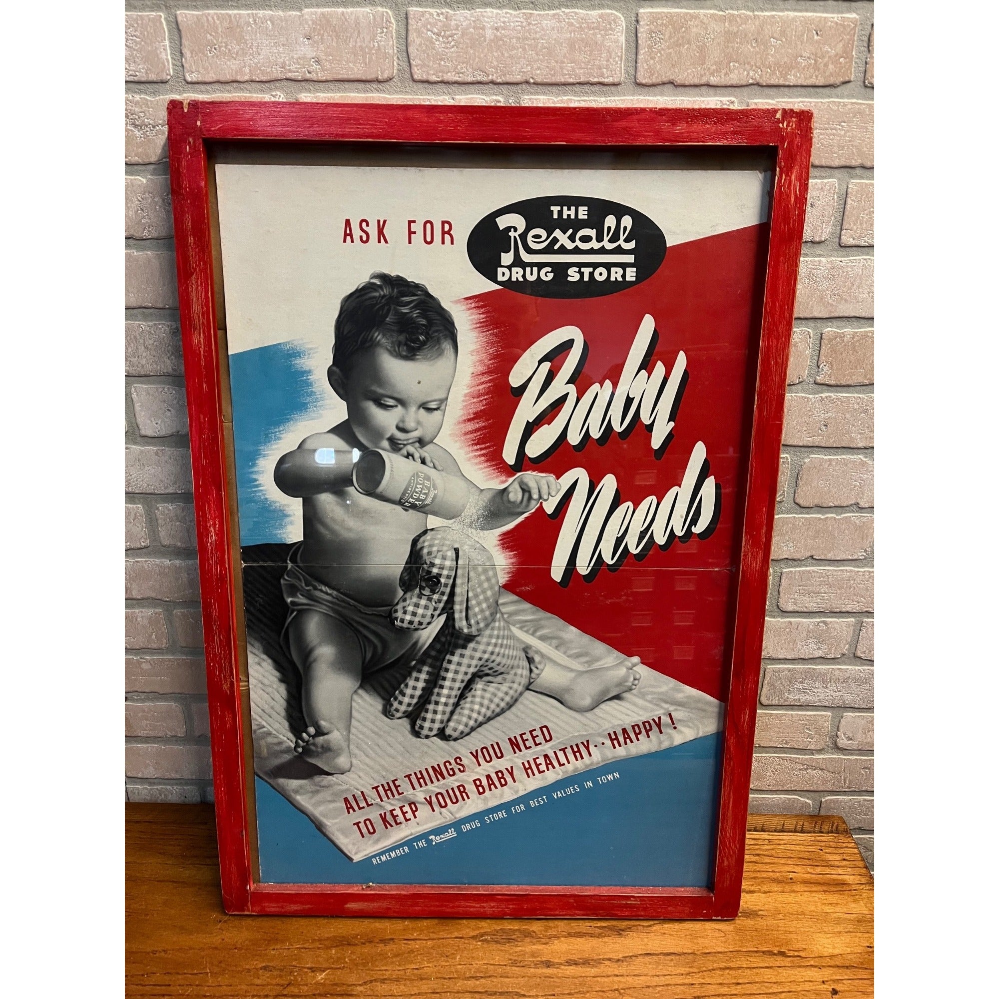 Vintage Rexall Advertising Baby Needs Drug Store Pharmacy Sign Poster.