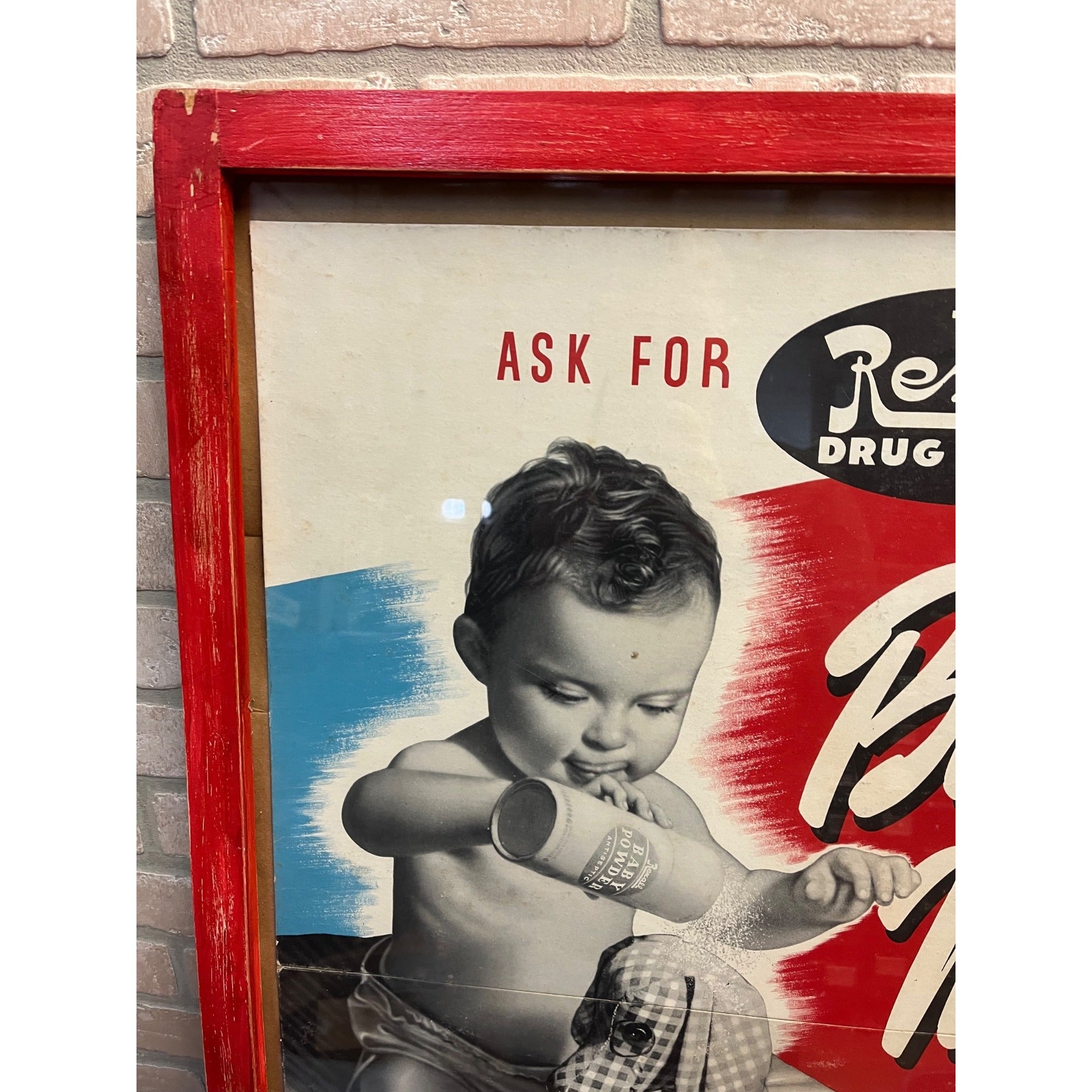 Vintage Rexall Advertising Baby Needs Drug Store Pharmacy Sign Poster.