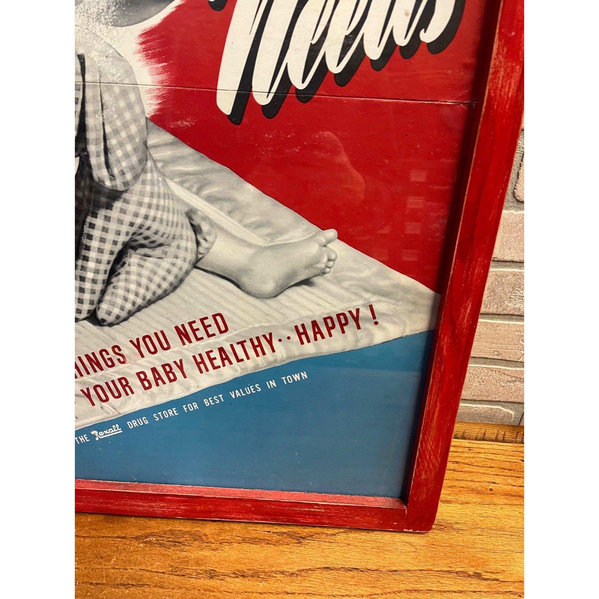 Vintage Rexall Advertising Baby Needs Drug Store Pharmacy Sign Poster.