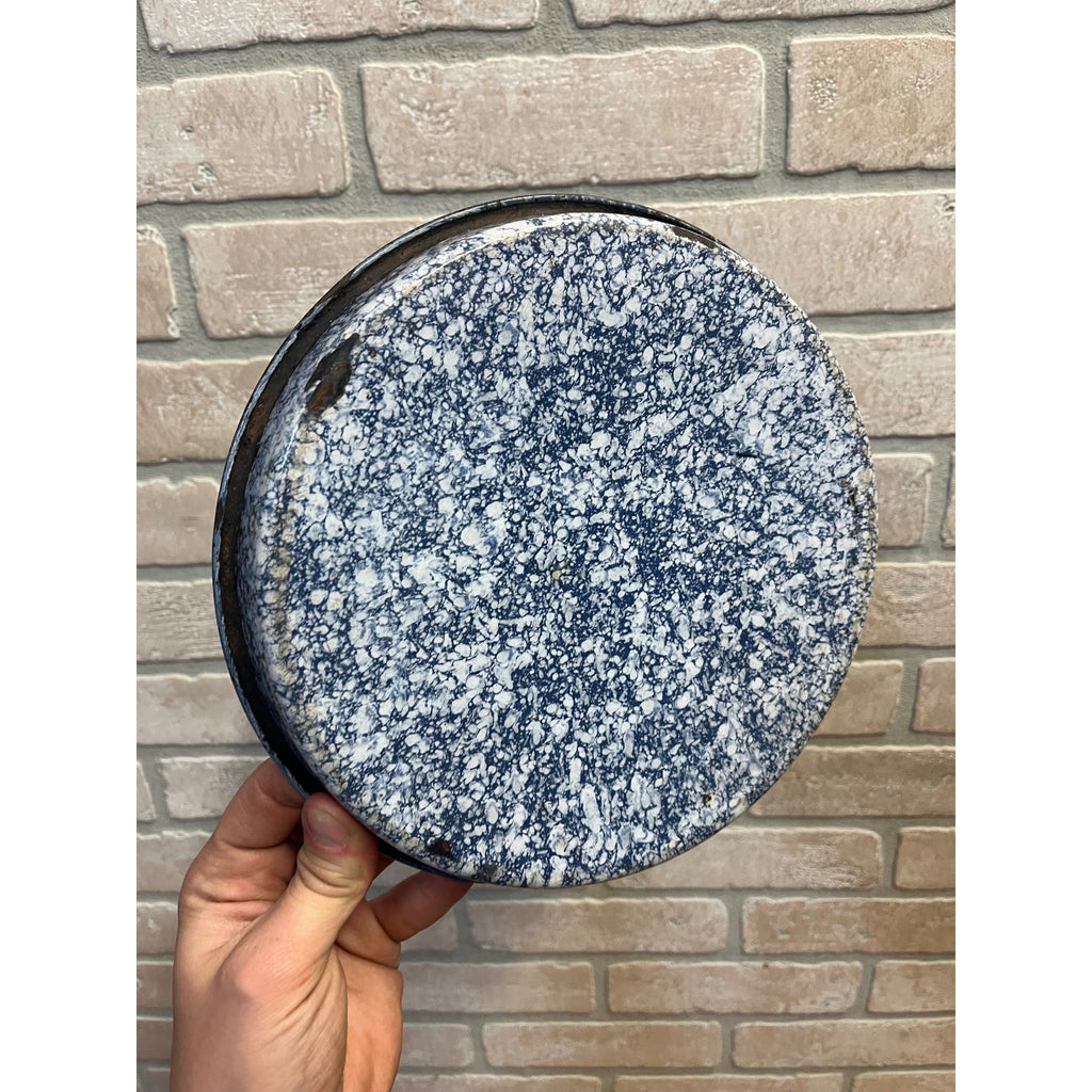 Antique Primitive Cobalt and White Swirl Enamel Graniteware Round Pie Pan/ Baking Dish/ Farmhouse Decor