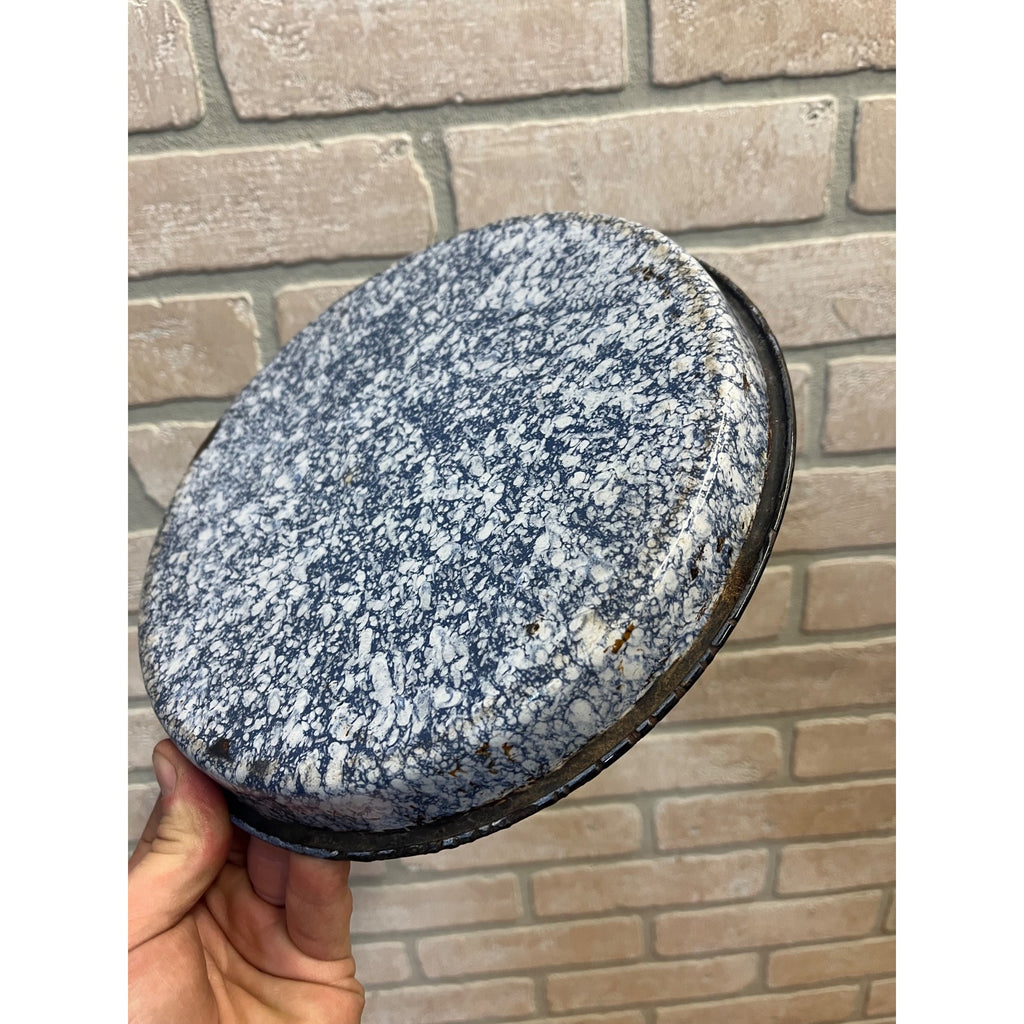 Antique Primitive Cobalt and White Swirl Enamel Graniteware Round Pie Pan/ Baking Dish/ Farmhouse Decor