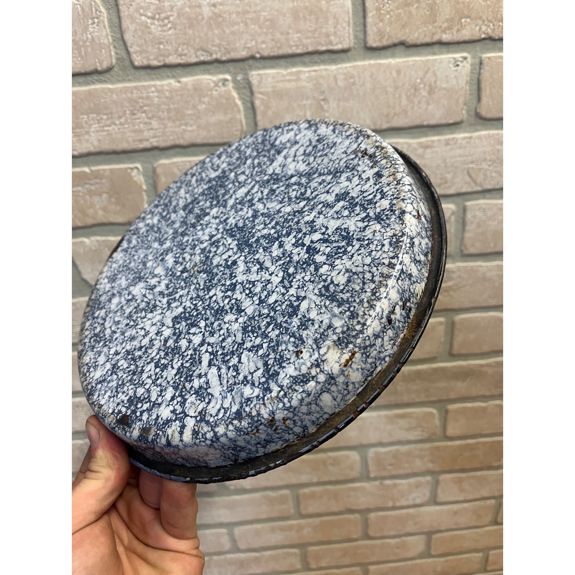 Antique Primitive Cobalt and White Swirl Enamel Graniteware Round Pie Pan/ Baking Dish/ Farmhouse Decor