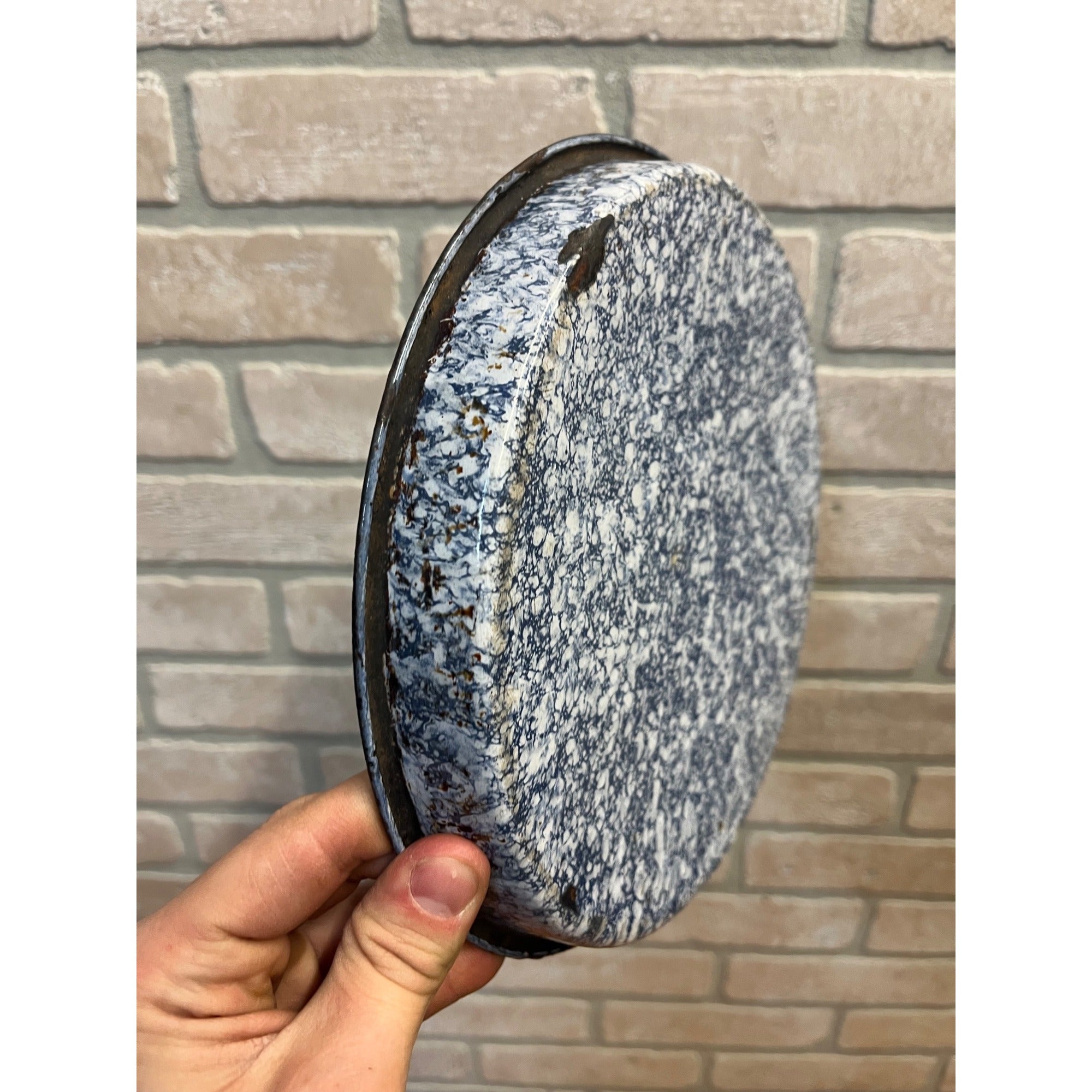 Antique Primitive Cobalt and White Swirl Enamel Graniteware Round Pie Pan/ Baking Dish/ Farmhouse Decor