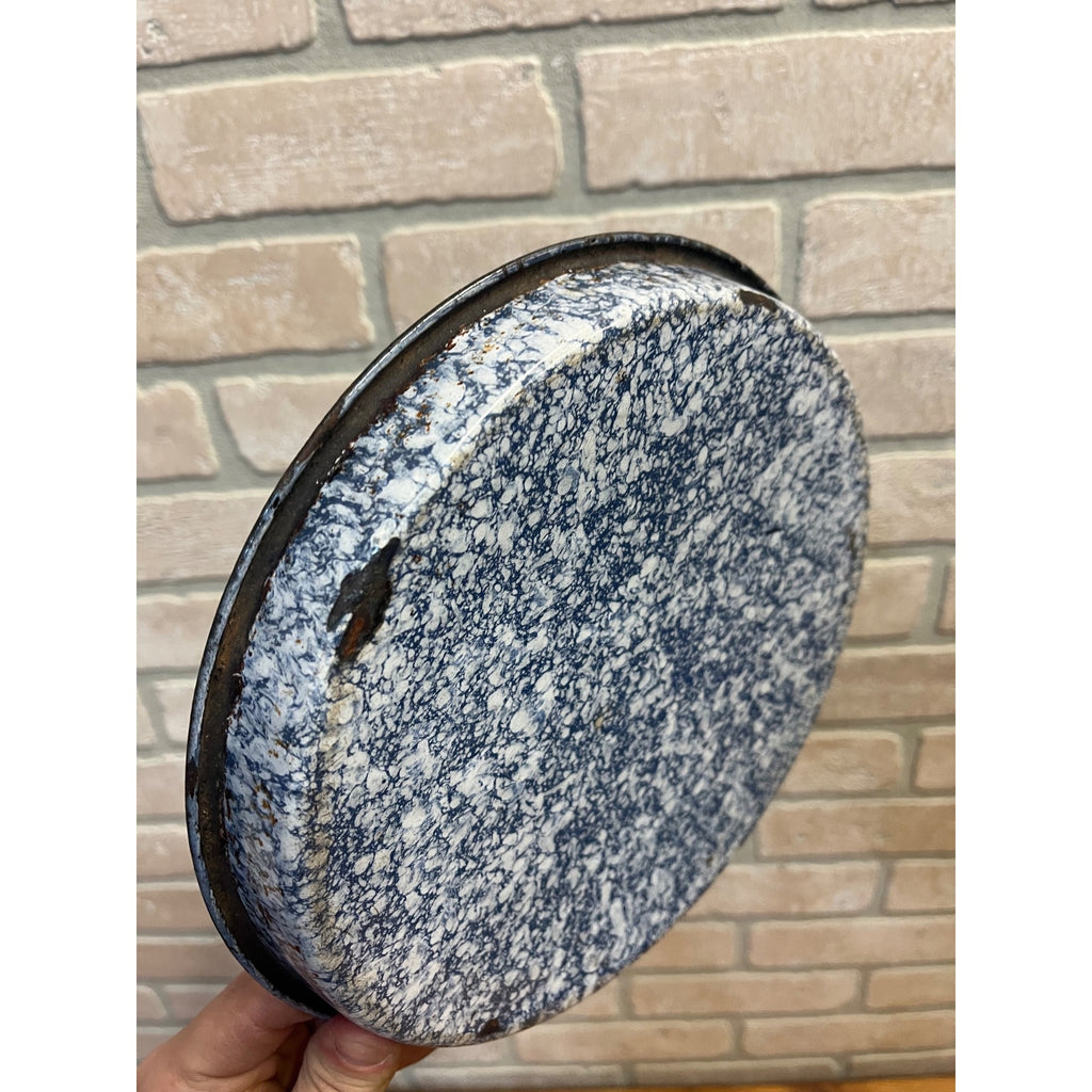 Antique Primitive Cobalt and White Swirl Enamel Graniteware Round Pie Pan/ Baking Dish/ Farmhouse Decor