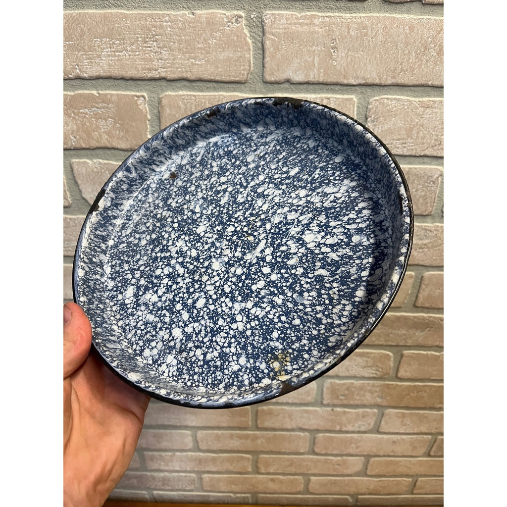 Antique Primitive Cobalt and White Swirl Enamel Graniteware Round Pie Pan/ Baking Dish/ Farmhouse Decor