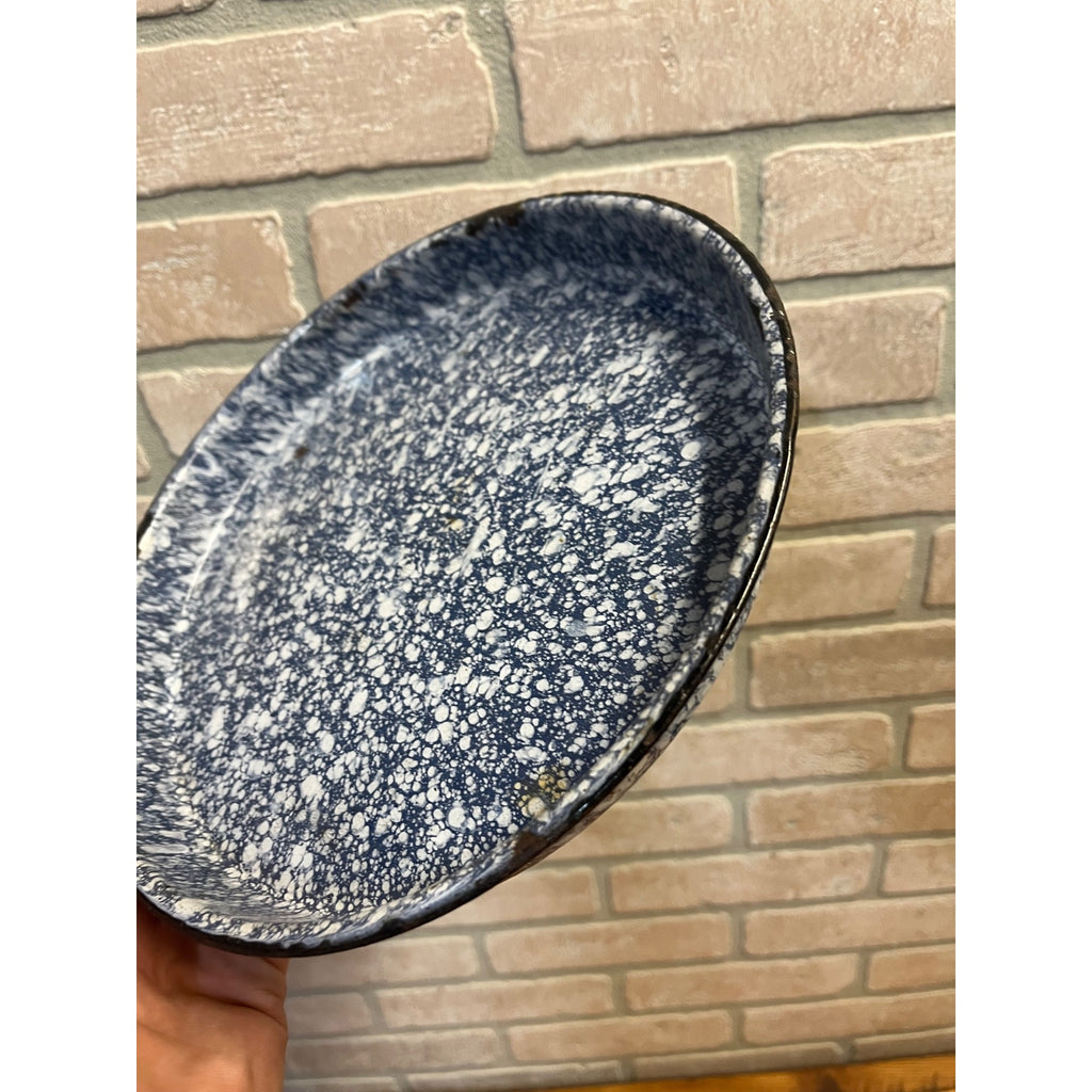 Antique Primitive Cobalt and White Swirl Enamel Graniteware Round Pie Pan/ Baking Dish/ Farmhouse Decor