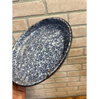 Antique Primitive Cobalt and White Swirl Enamel Graniteware Round Pie Pan/ Baking Dish/ Farmhouse Decor