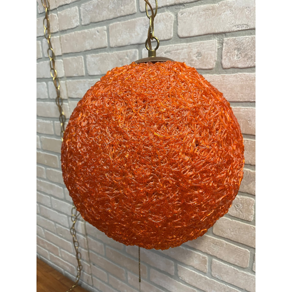 "Vintage MCM Spaghetti Spun String Orange Lucite Hanging Swag Lamp 14"
