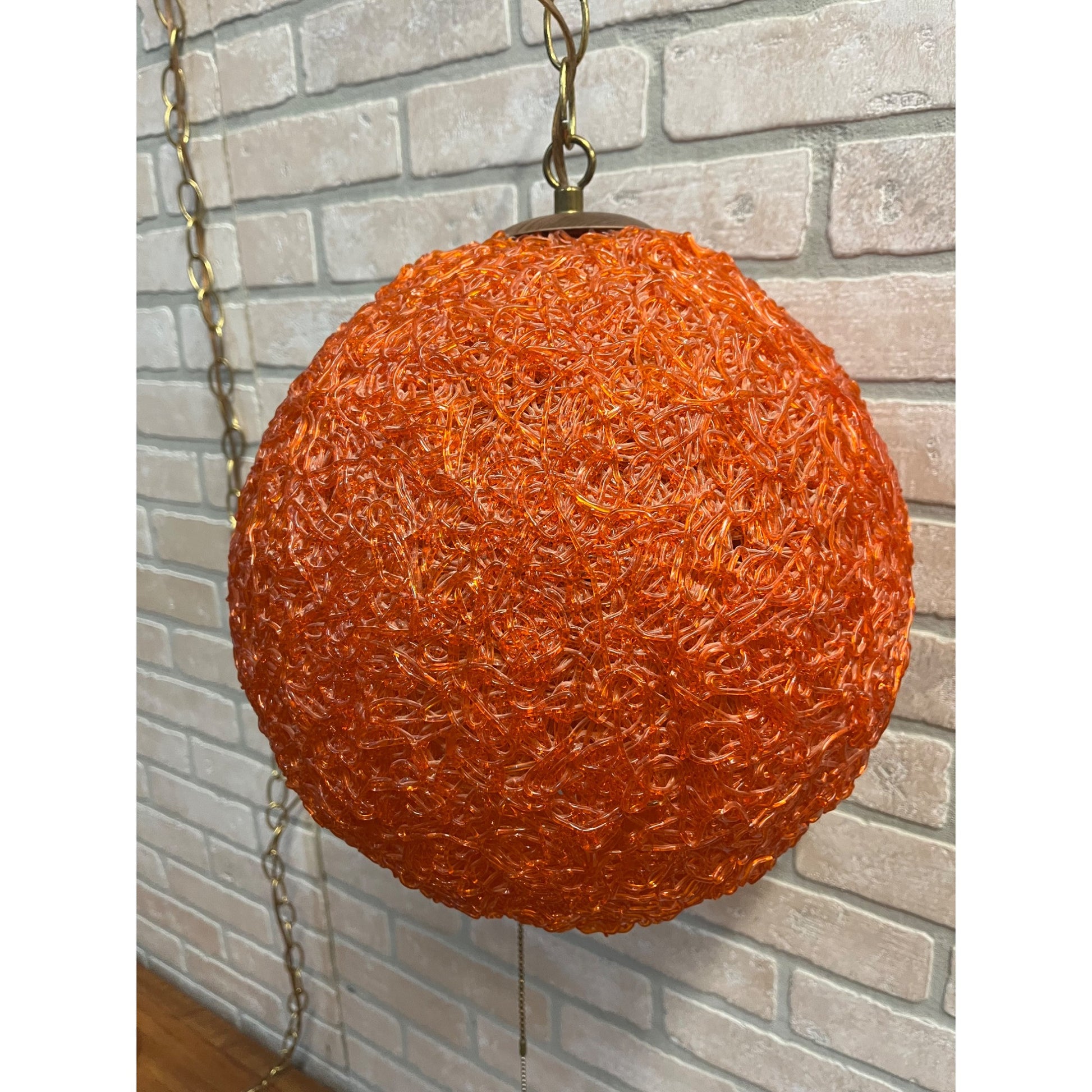 "Vintage MCM Spaghetti Spun String Orange Lucite Hanging Swag Lamp 14"