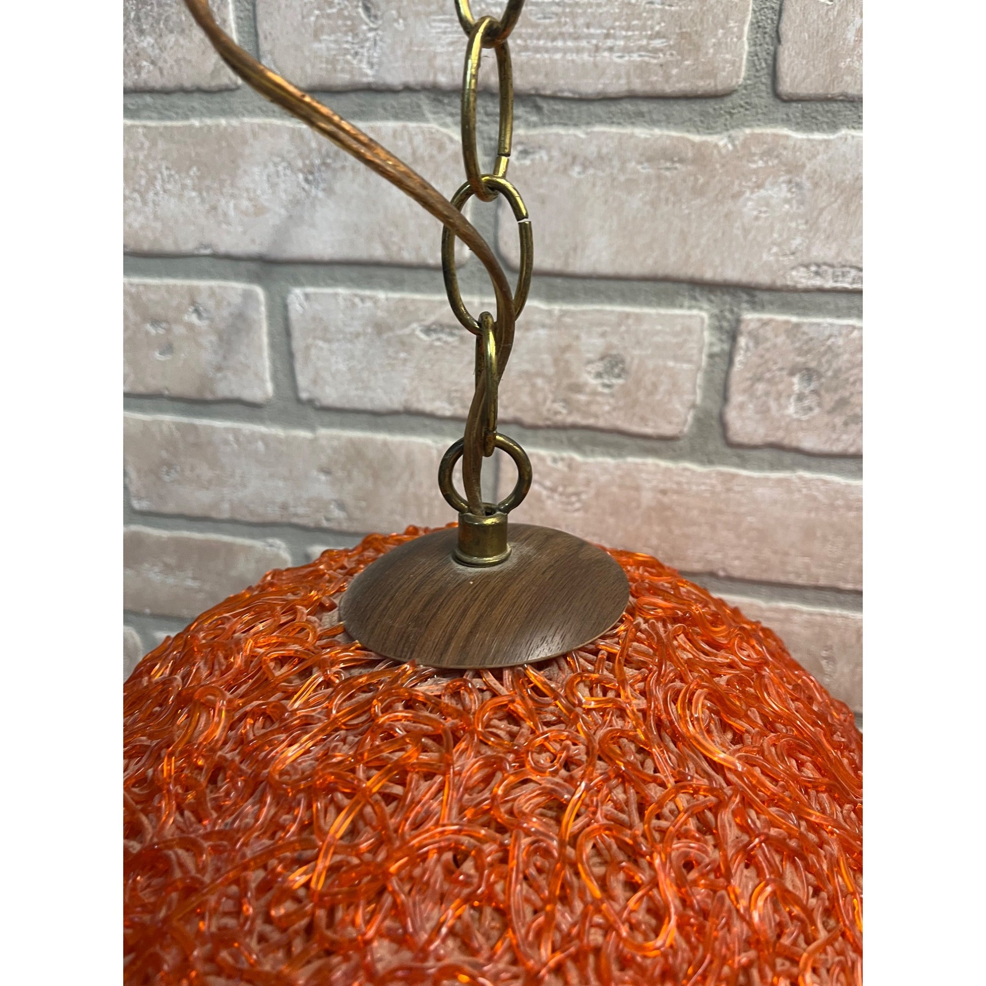 "Vintage MCM Spaghetti Spun String Orange Lucite Hanging Swag Lamp 14"