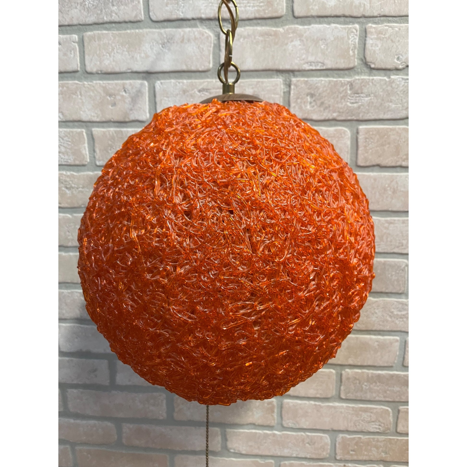 "Vintage MCM Spaghetti Spun String Orange Lucite Hanging Swag Lamp 14"