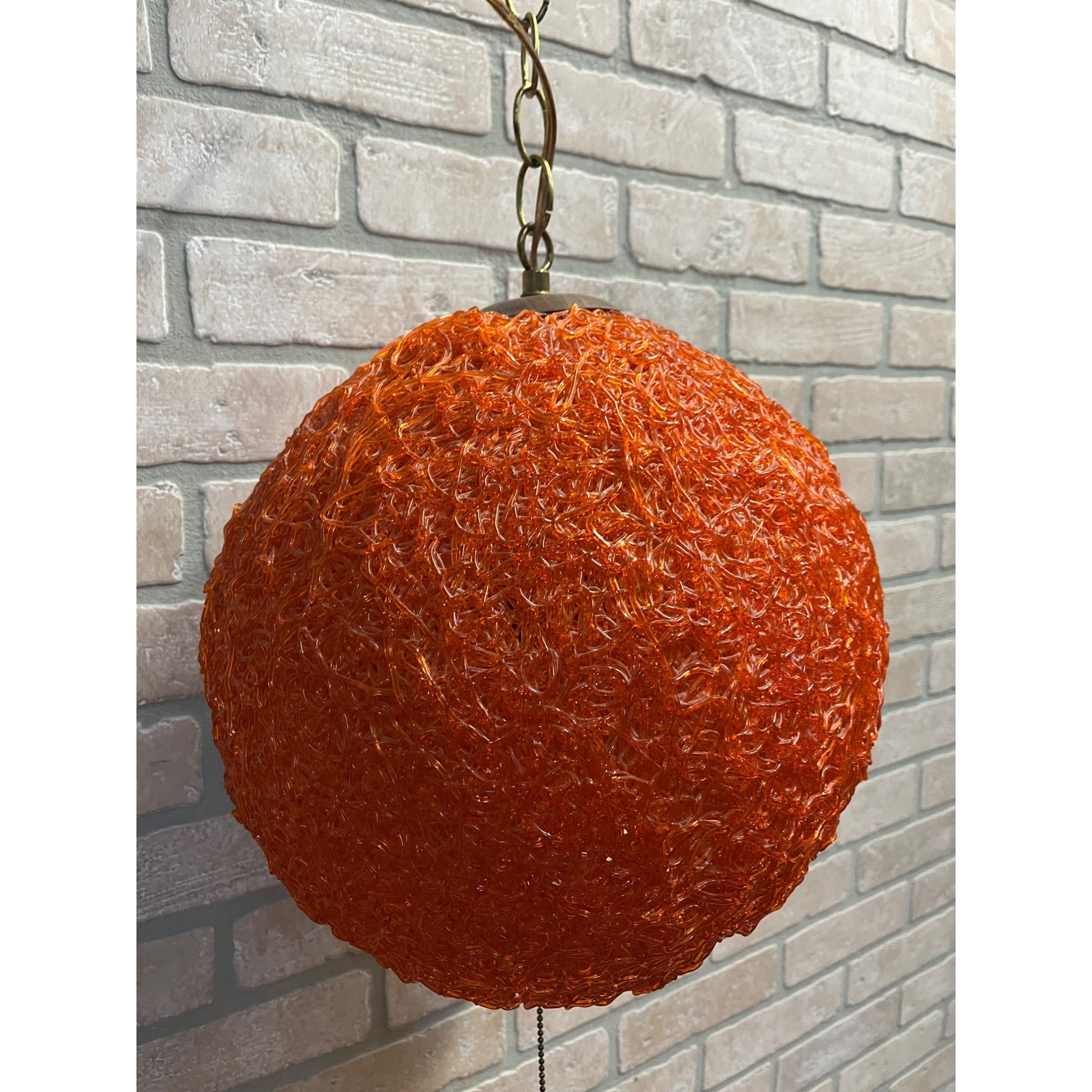 "Vintage MCM Spaghetti Spun String Orange Lucite Hanging Swag Lamp 14"