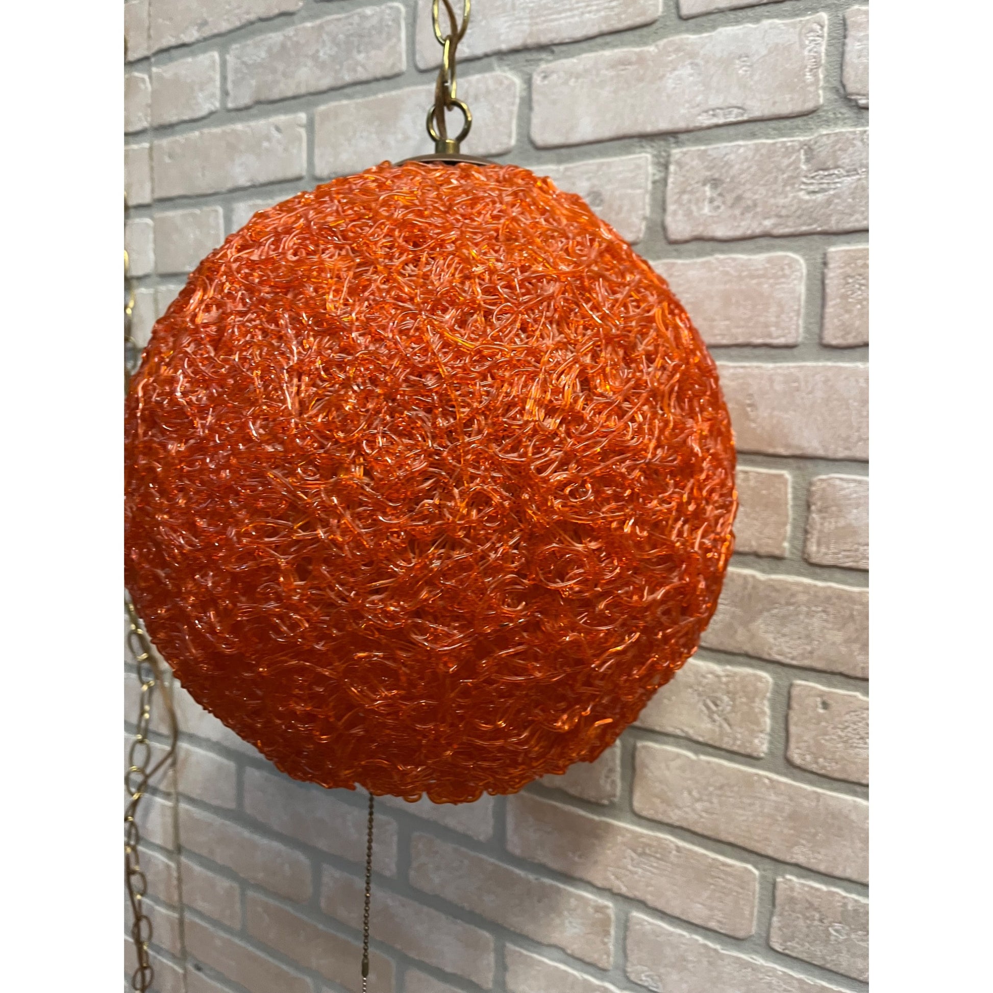 "Vintage MCM Spaghetti Spun String Orange Lucite Hanging Swag Lamp 14"