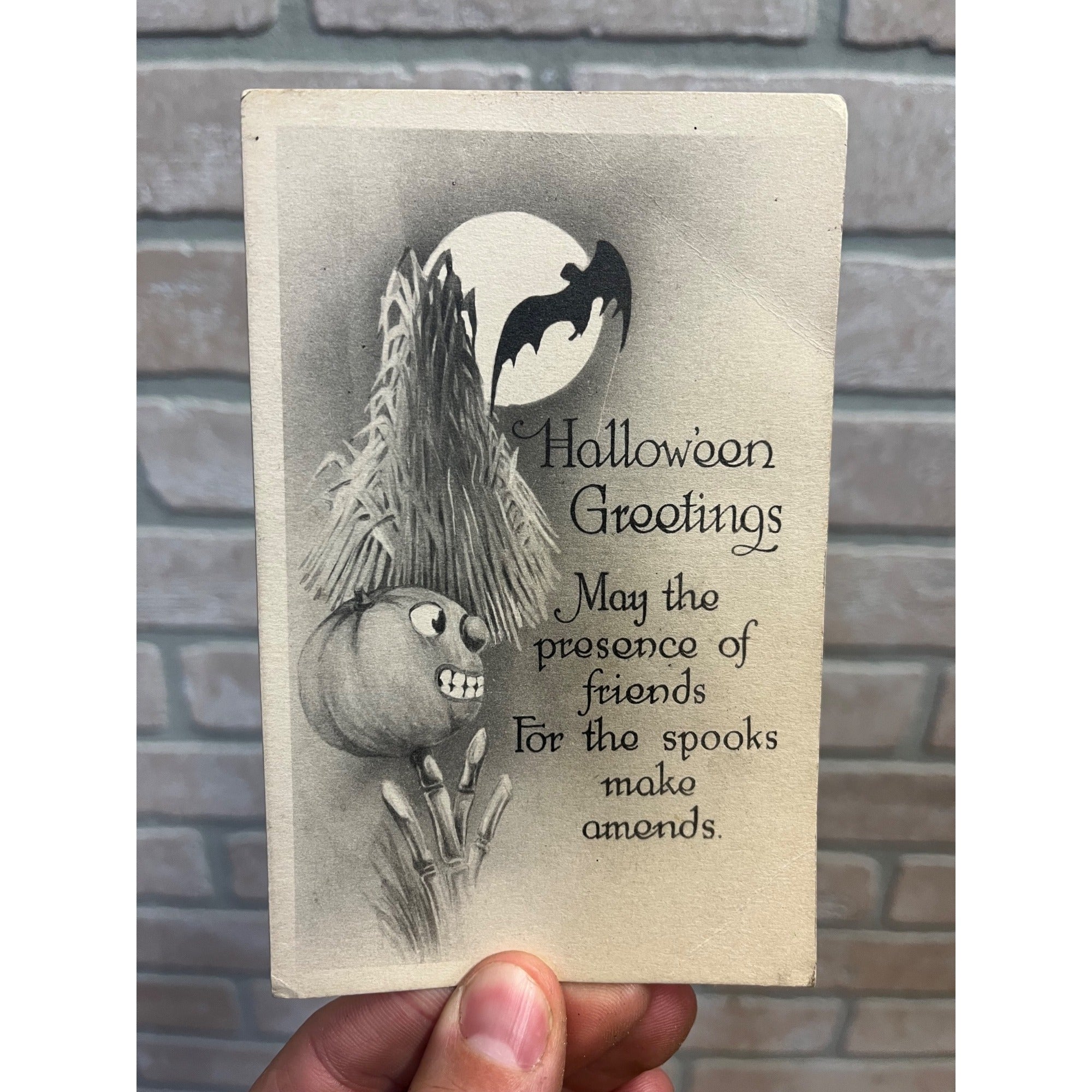 Antique 1908-1915 Halloween Greetings Postcard Gibson Art Co JOL Bat Moon Hay