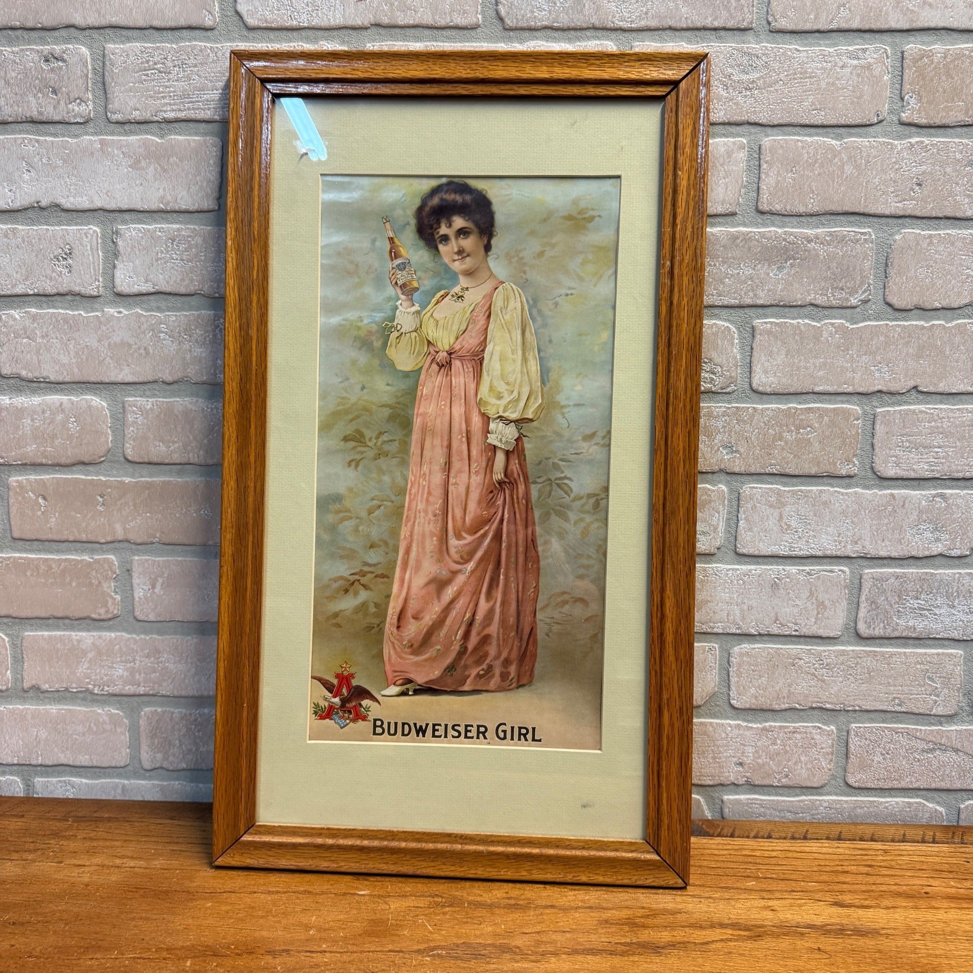 1904 Anheuser-Busch Budweiser Beer Girl Reprint Litho Bar Sign Framed
