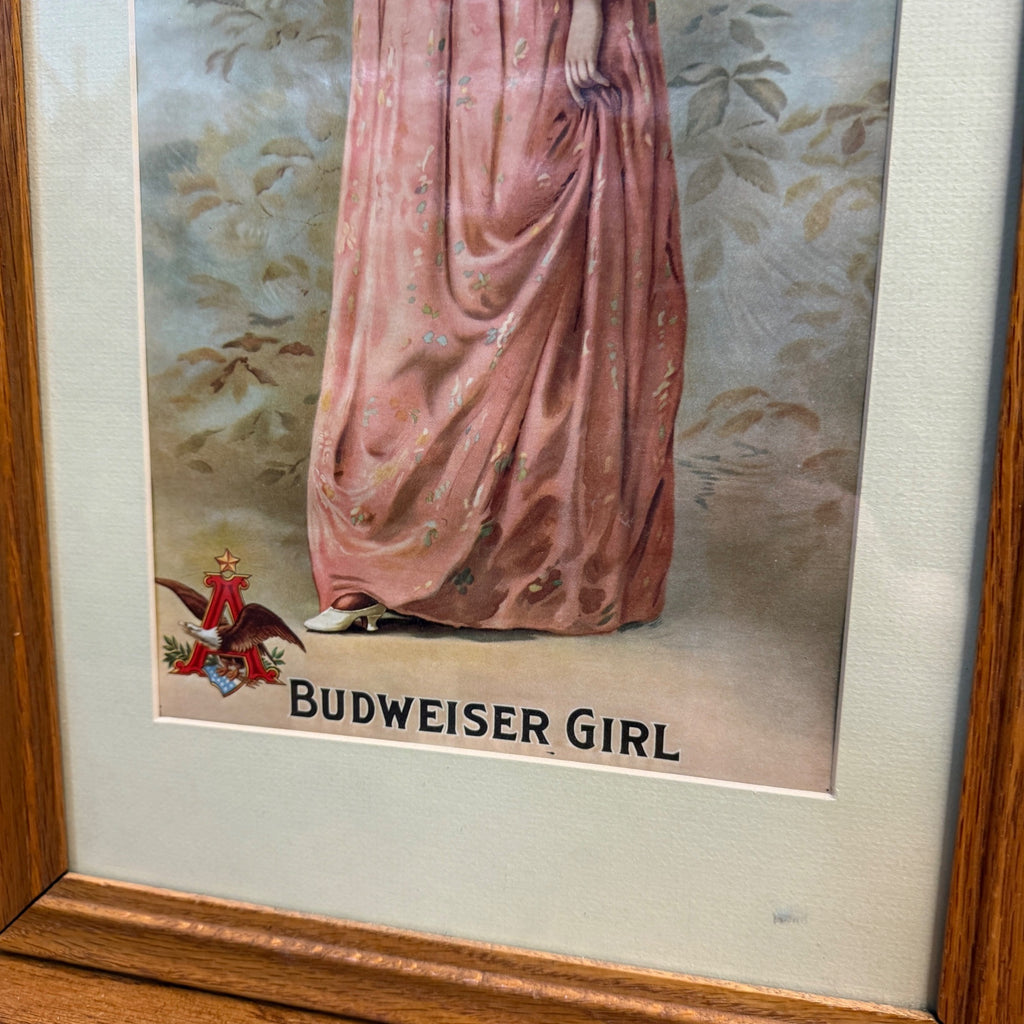 1904 Anheuser-Busch Budweiser Beer Girl Reprint Litho Bar Sign Framed