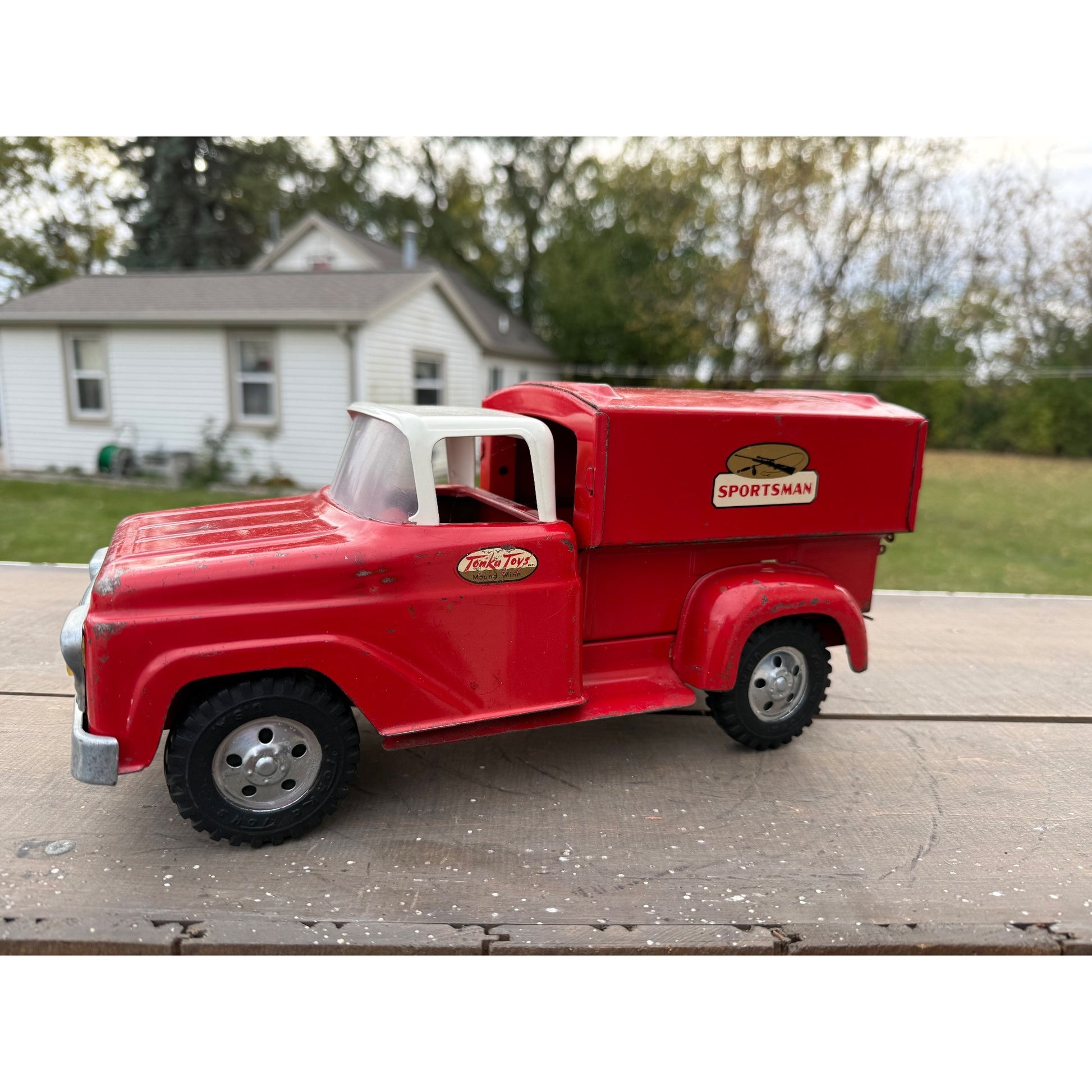Vintage Tonka Sportsman No. 05 Stepside Red Truck & Topper Pressed Steel Toy