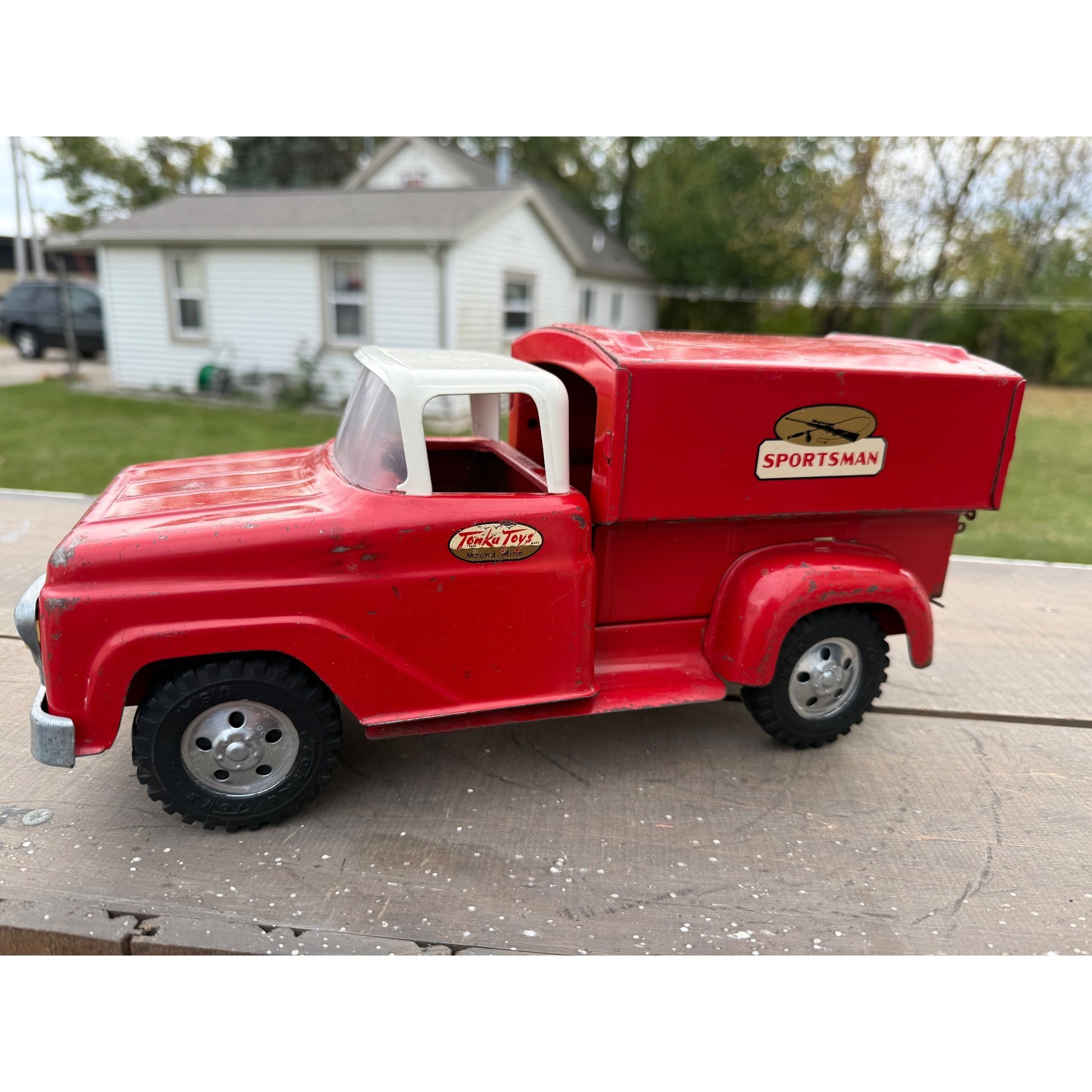 Vintage Tonka Sportsman No. 05 Stepside Red Truck & Topper Pressed Steel Toy
