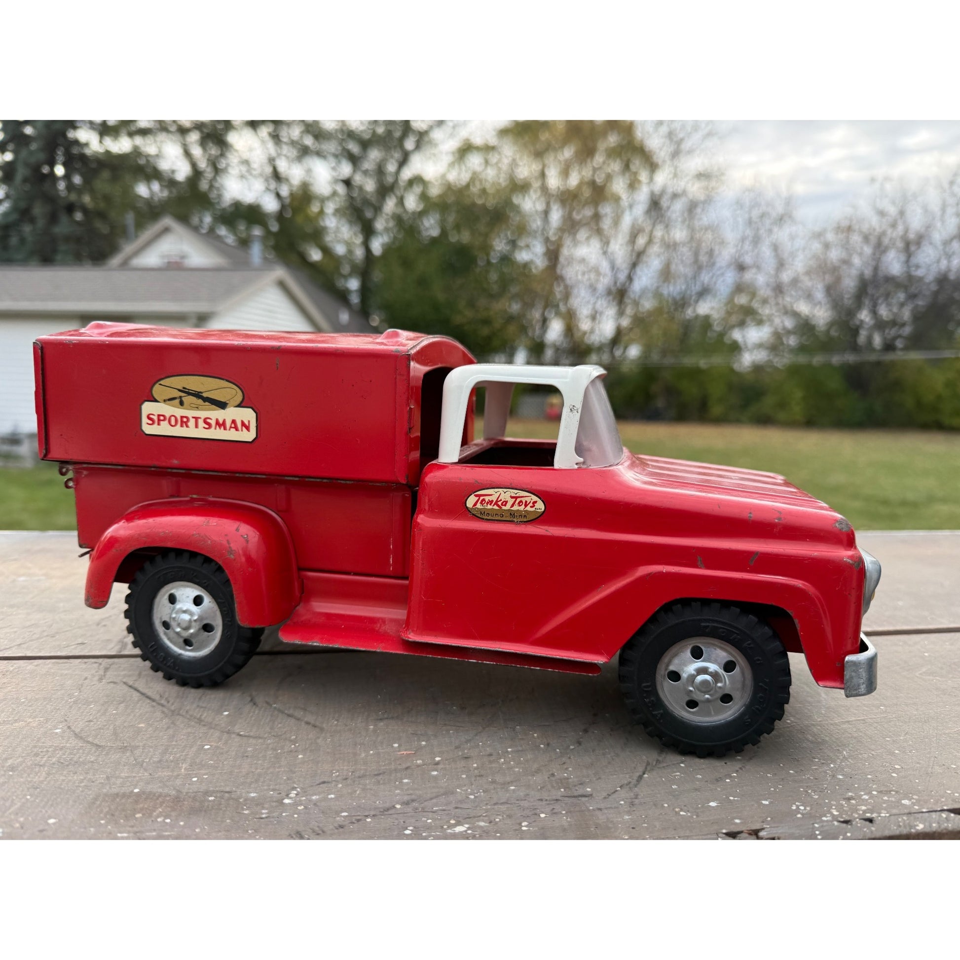 Vintage Tonka Sportsman No. 05 Stepside Red Truck & Topper Pressed Steel Toy