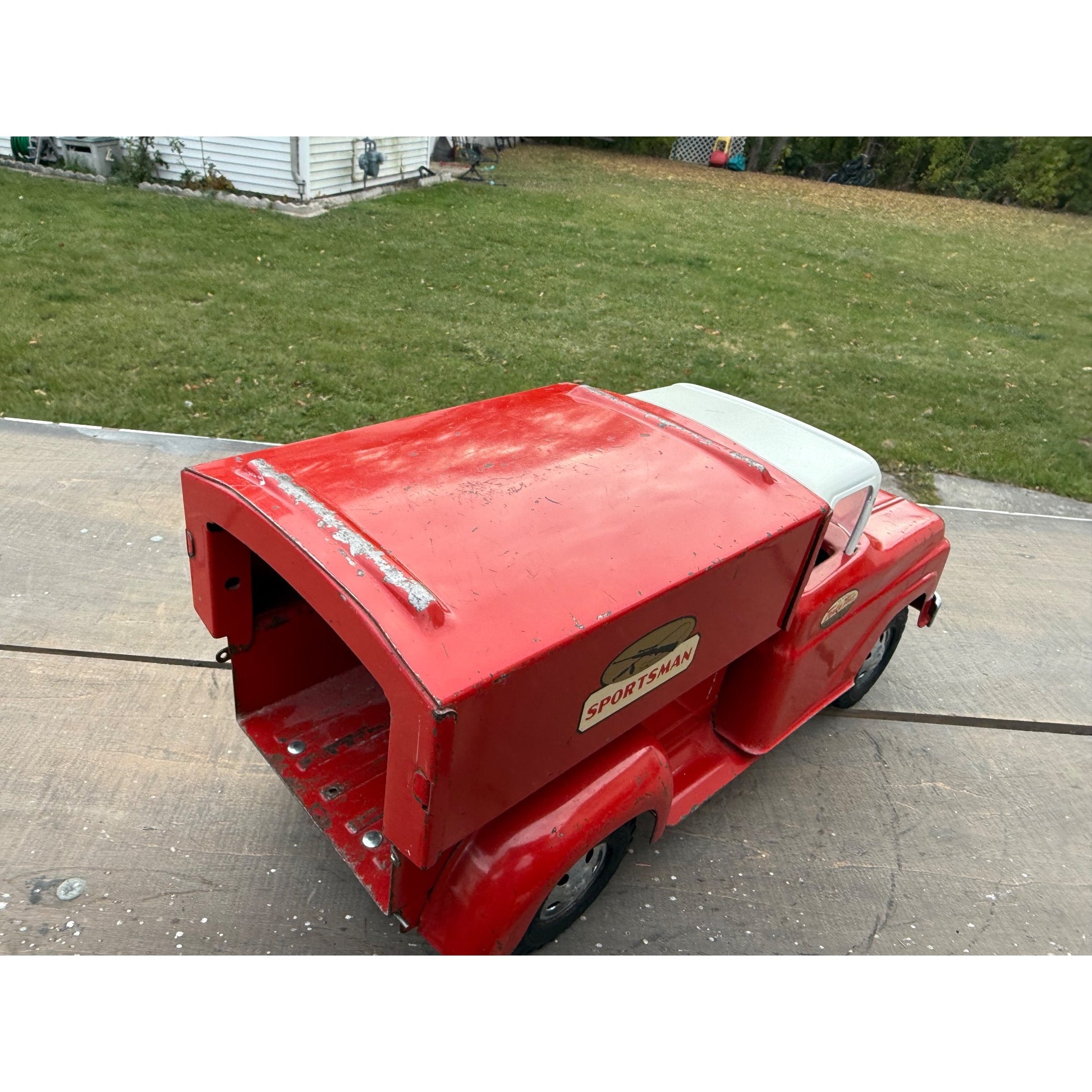 Vintage Tonka Sportsman No. 05 Stepside Red Truck & Topper Pressed Steel Toy