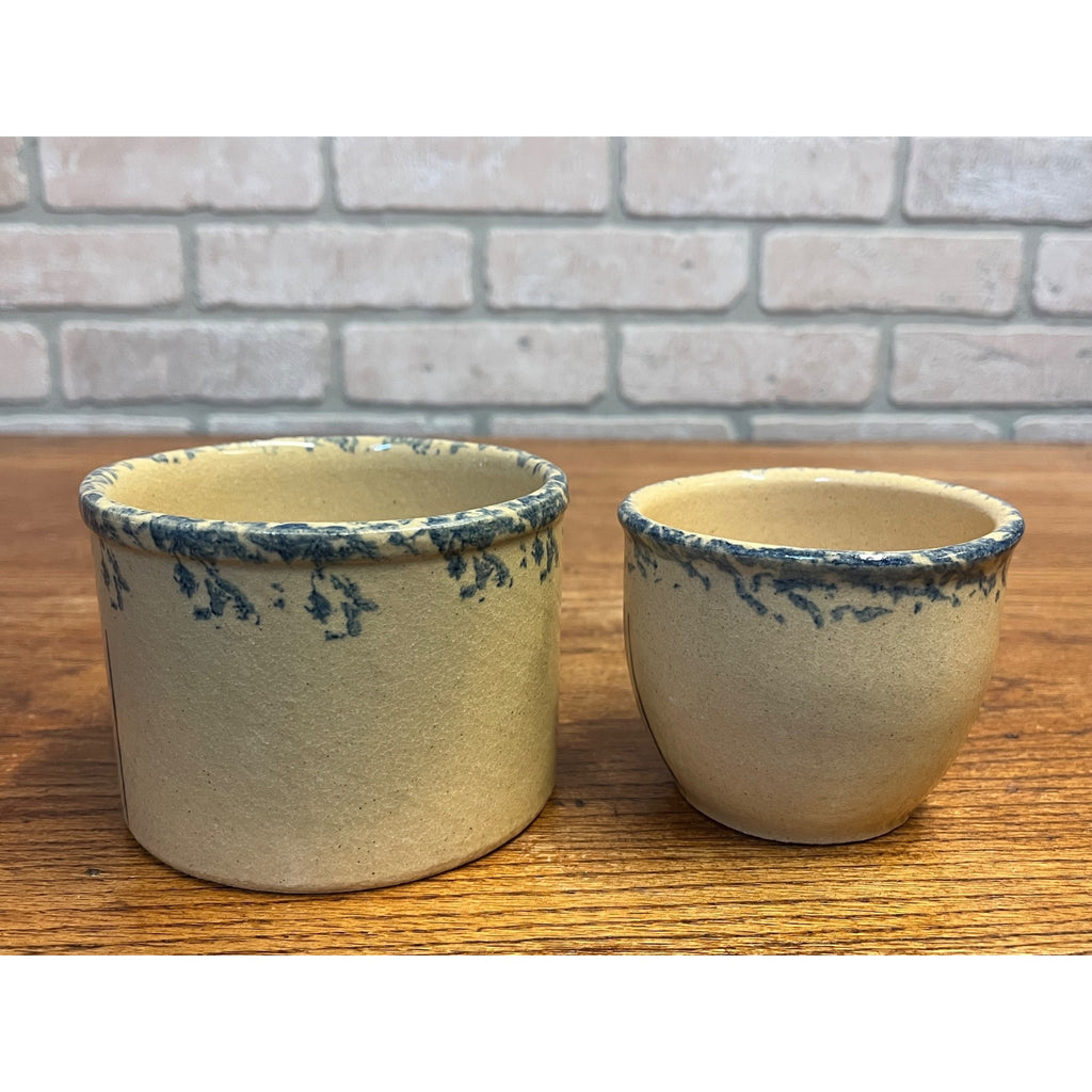 Vintage Robinson Ransbottom Pottery Small Glazed Stoneware Crock Dish Set Blue Sponge Wheat