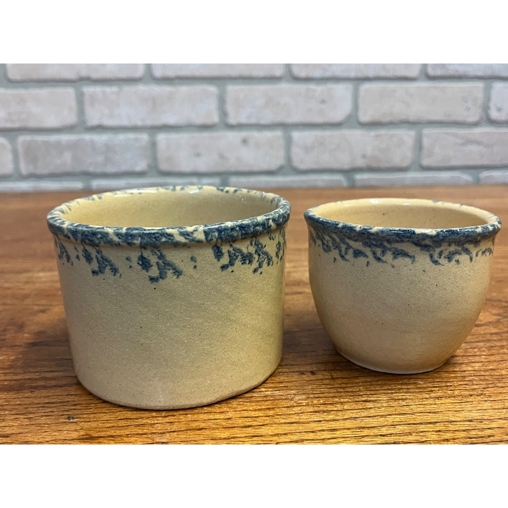 Vintage Robinson Ransbottom Pottery Small Glazed Stoneware Crock Dish Set Blue Sponge Wheat