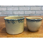 Vintage Robinson Ransbottom Pottery Small Glazed Stoneware Crock Dish Set Blue Sponge Wheat