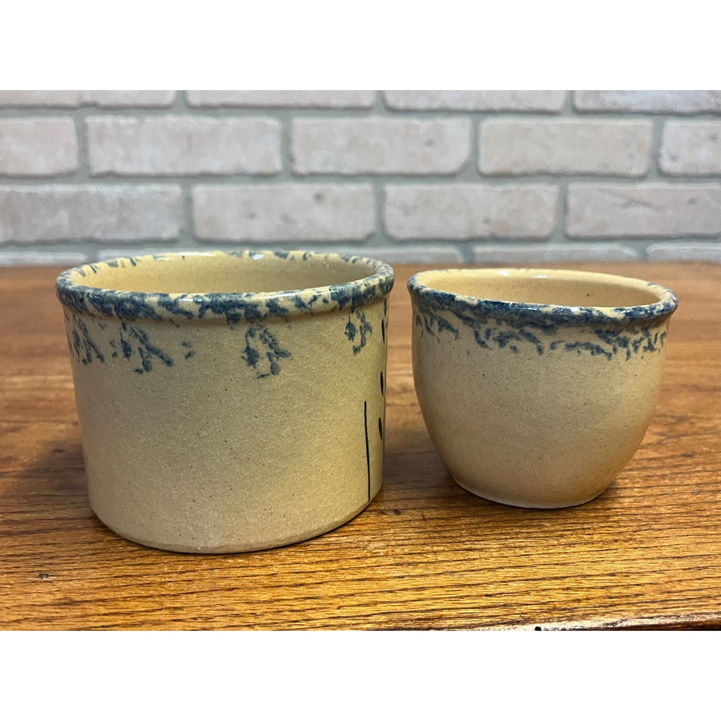 Vintage Robinson Ransbottom Pottery Small Glazed Stoneware Crock Dish Set Blue Sponge Wheat