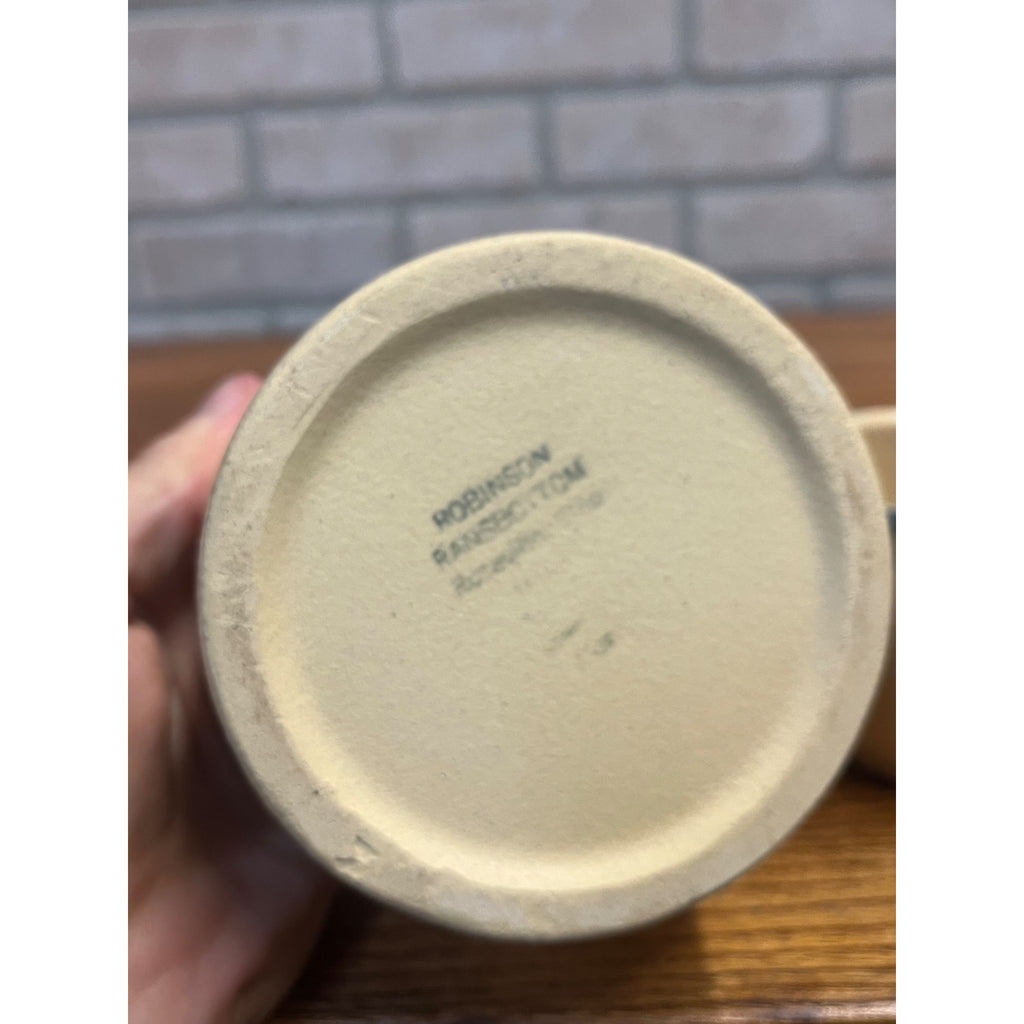 Vintage Robinson Ransbottom Pottery Small Glazed Stoneware Crock Dish Set Blue Sponge Wheat