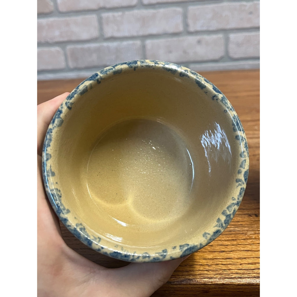 Vintage Robinson Ransbottom Pottery Small Glazed Stoneware Crock Dish Set Blue Sponge Wheat
