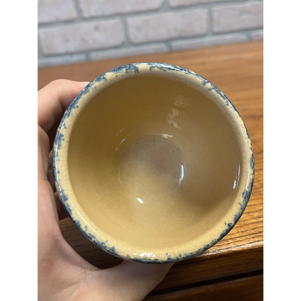 Vintage Robinson Ransbottom Pottery Small Glazed Stoneware Crock Dish Set Blue Sponge Wheat