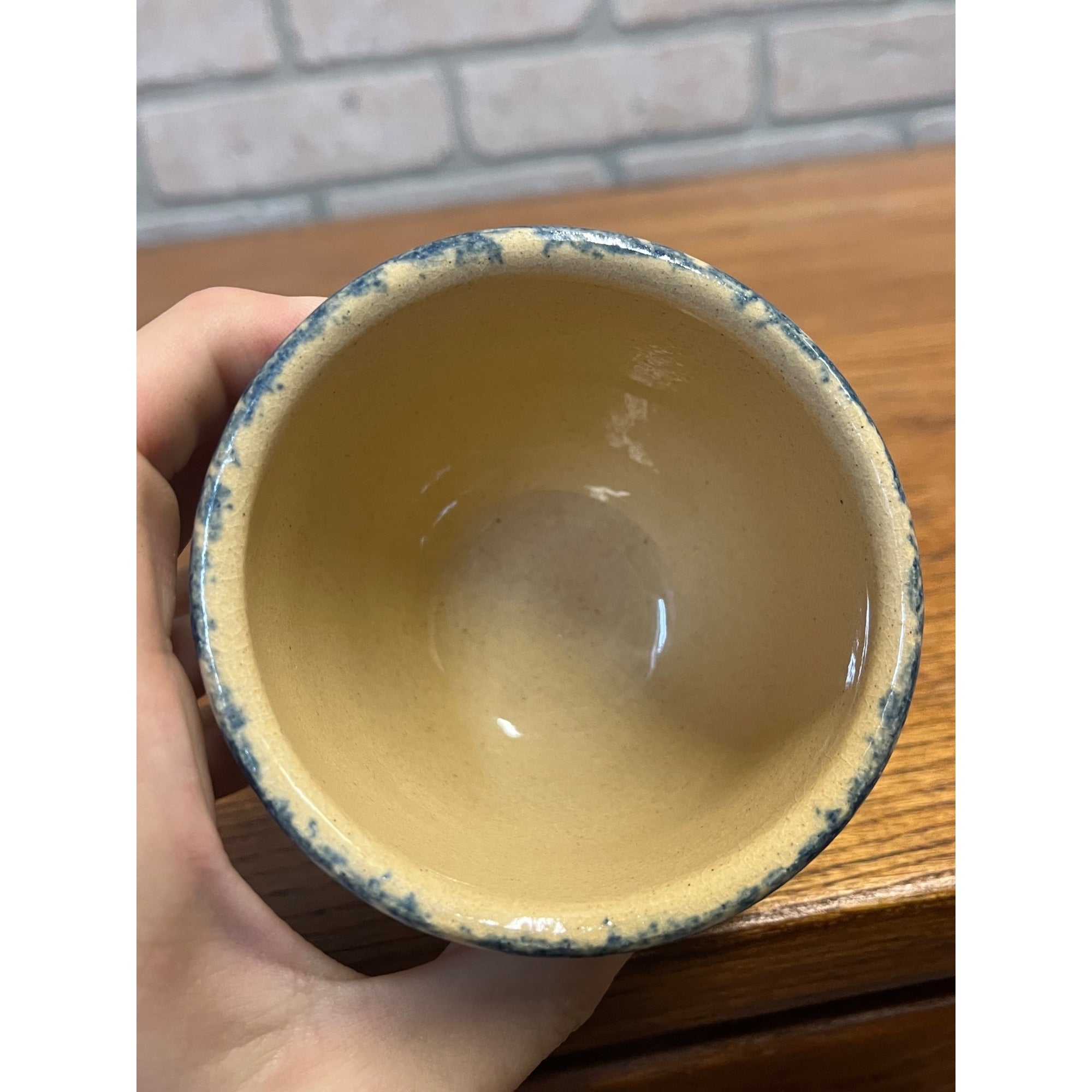 Vintage Robinson Ransbottom Pottery Small Glazed Stoneware Crock Dish Set Blue Sponge Wheat