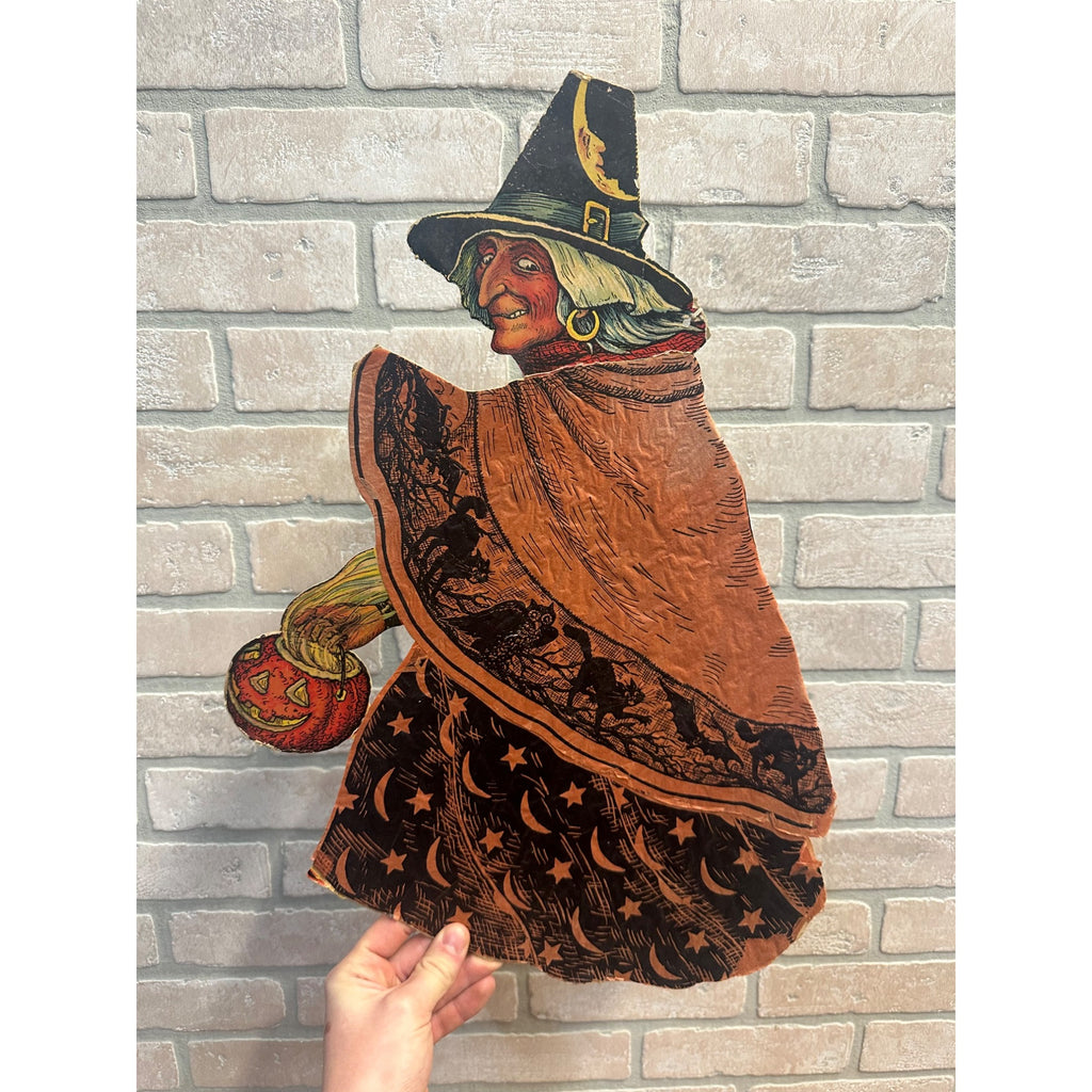 SCARCE Vintage 1930s Halloween Diecut Beistle Walking Witch Crepe Paper Antique