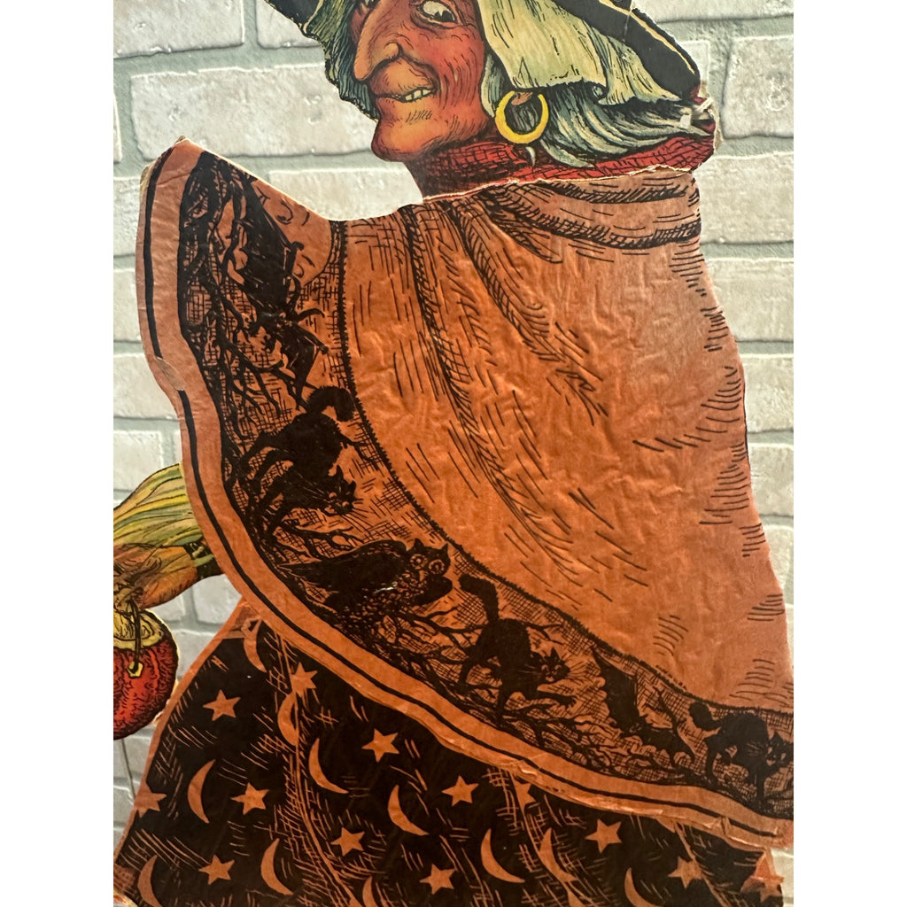 SCARCE Vintage 1930s Halloween Diecut Beistle Walking Witch Crepe Paper Antique