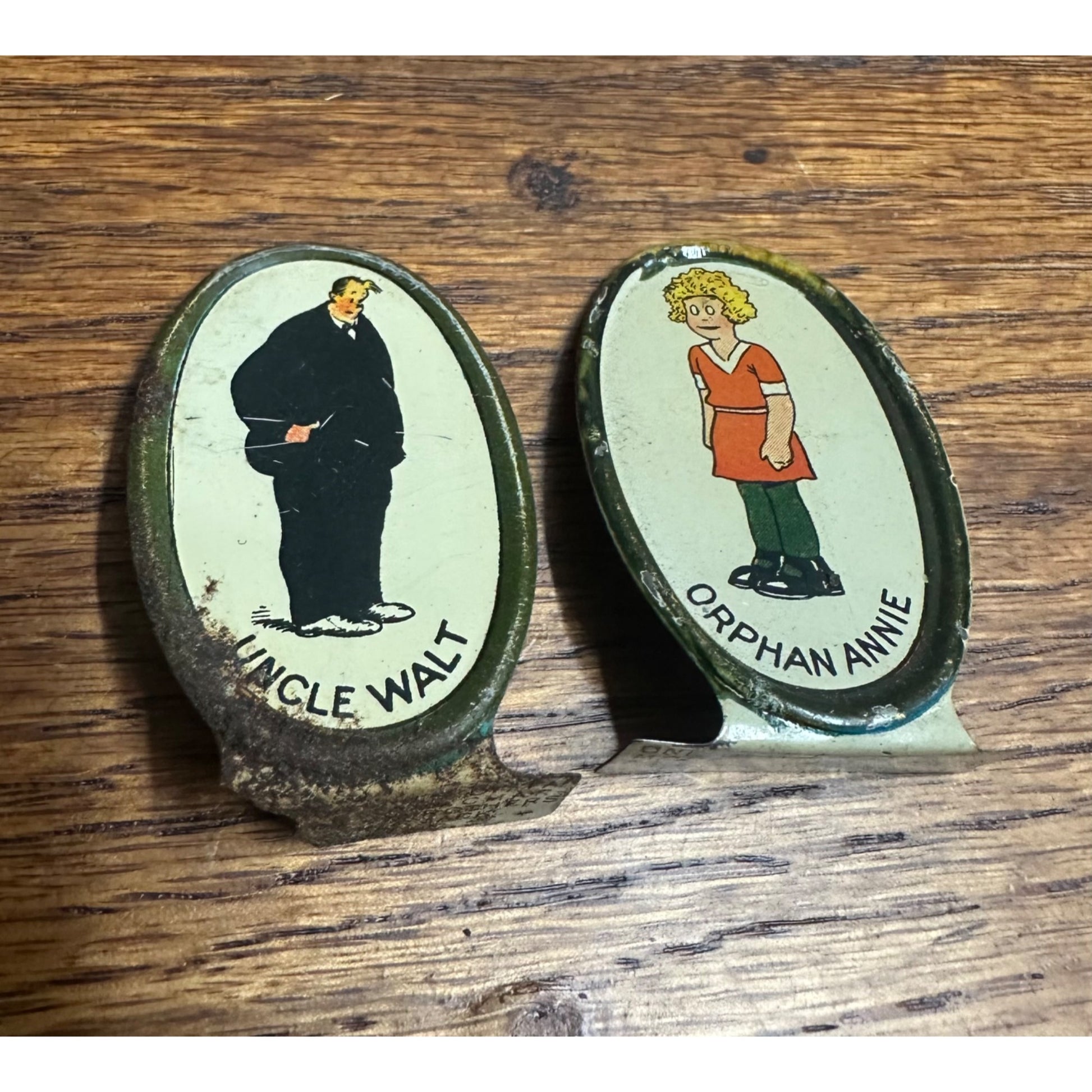 1936 Cracker Jack Prize Standee Stand Up Tin Litho Orphan Annie Uncle Walt Vintage