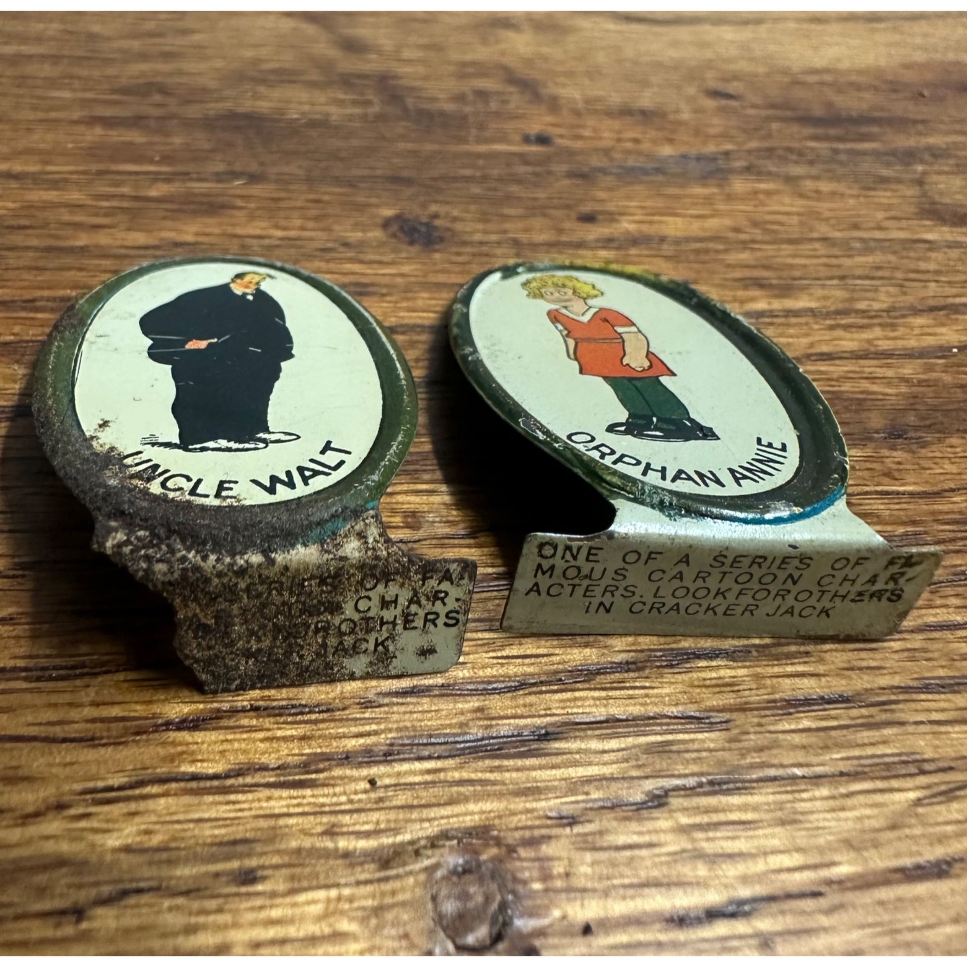 1936 Cracker Jack Prize Standee Stand Up Tin Litho Orphan Annie Uncle Walt Vintage