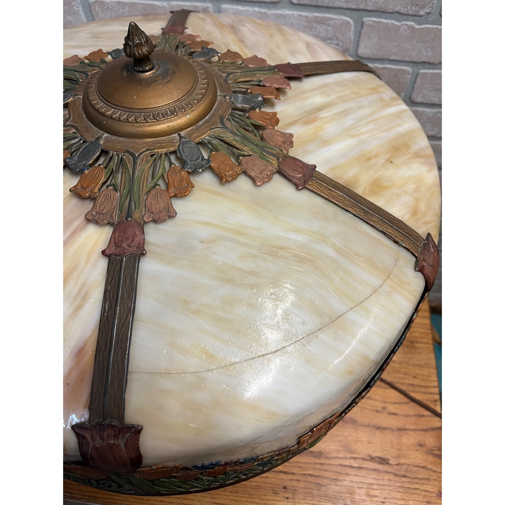 Antique Art Nouveau Tulip 6-Panel Slag Glass Table Lamp Miller Hubbard Era