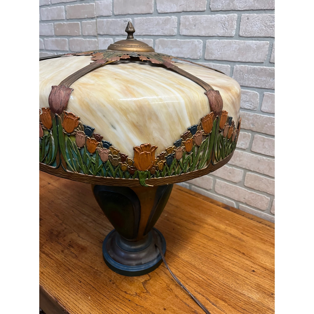Antique Art Nouveau Tulip 6-Panel Slag Glass Table Lamp Miller Hubbard Era