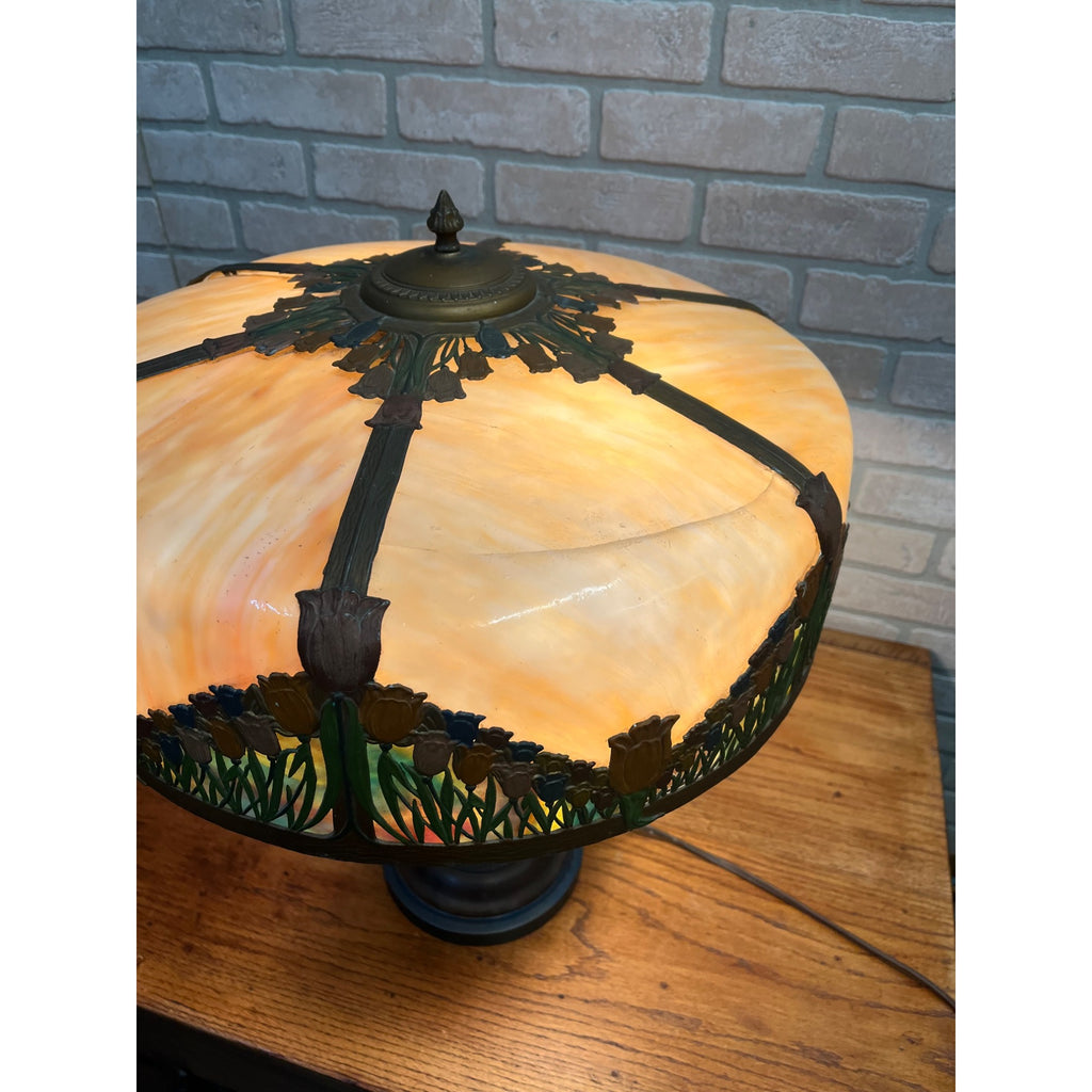 Antique Art Nouveau Tulip 6-Panel Slag Glass Table Lamp Miller Hubbard Era