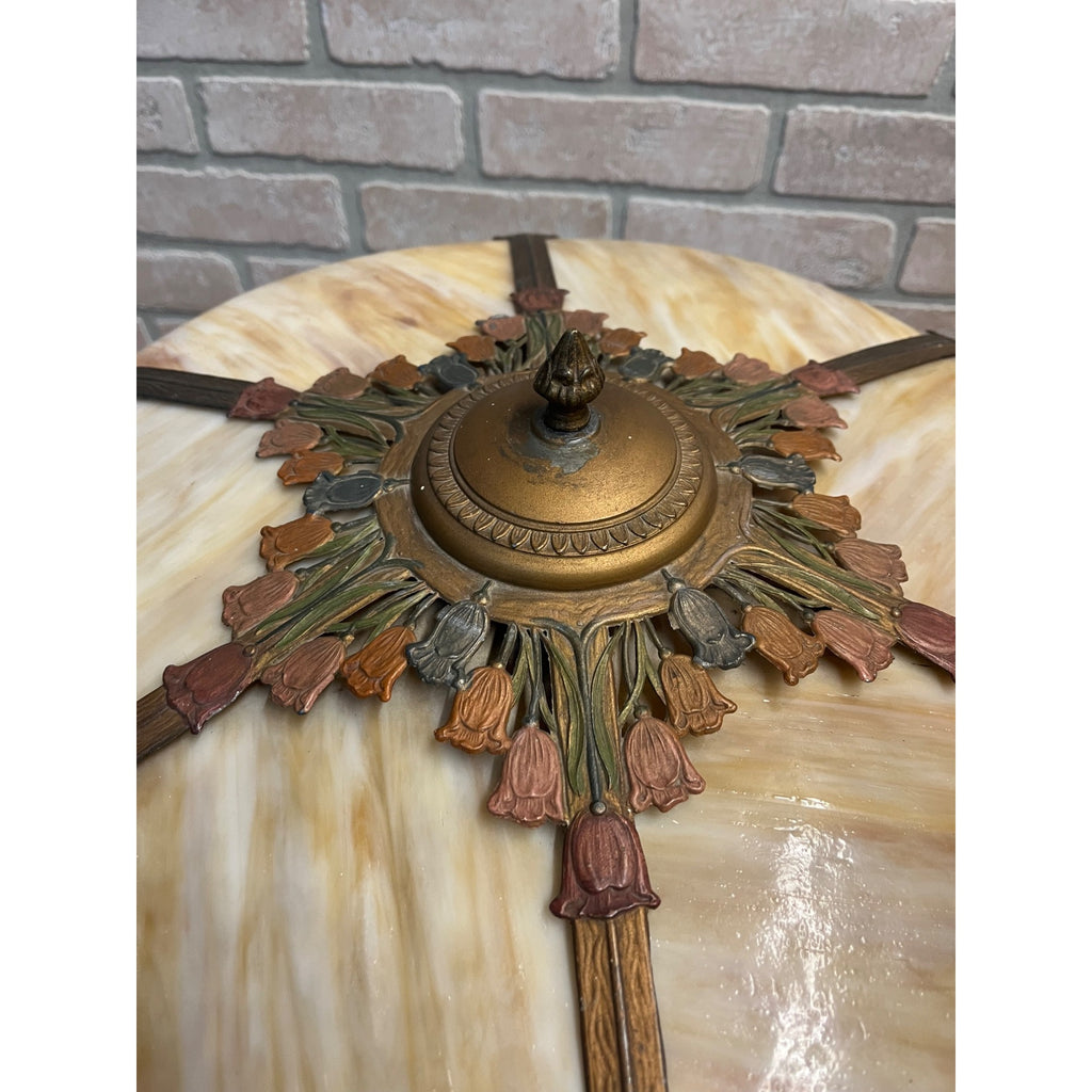 Antique Art Nouveau Tulip 6-Panel Slag Glass Table Lamp Miller Hubbard Era