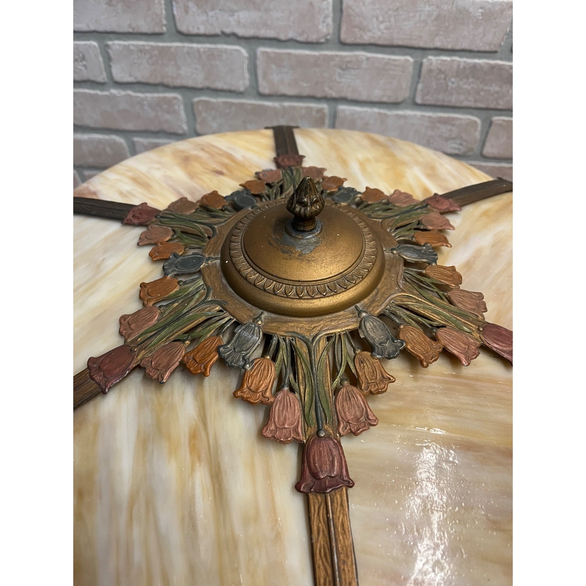 Antique Art Nouveau Tulip 6-Panel Slag Glass Table Lamp Miller Hubbard Era