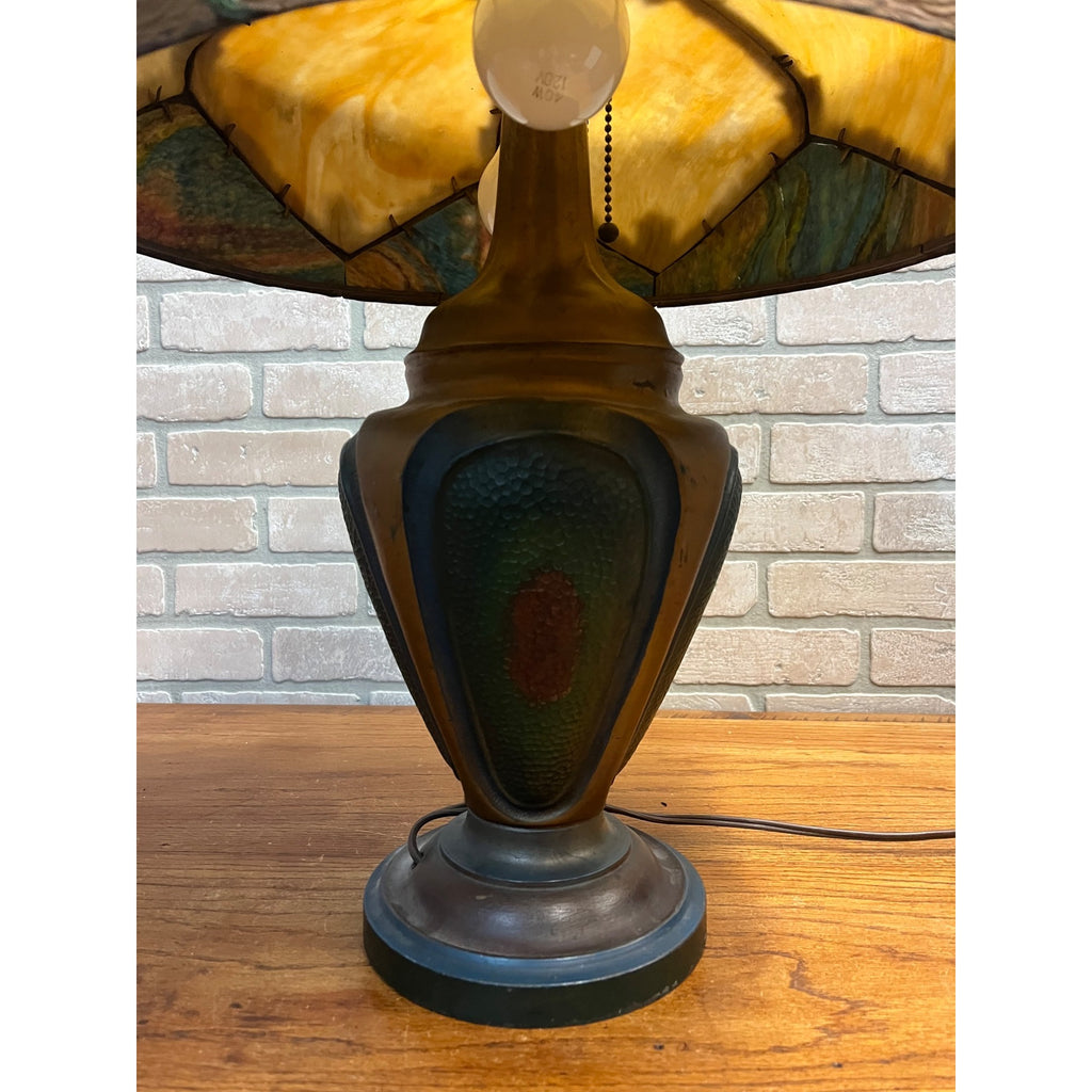 Antique Art Nouveau Tulip 6-Panel Slag Glass Table Lamp Miller Hubbard Era