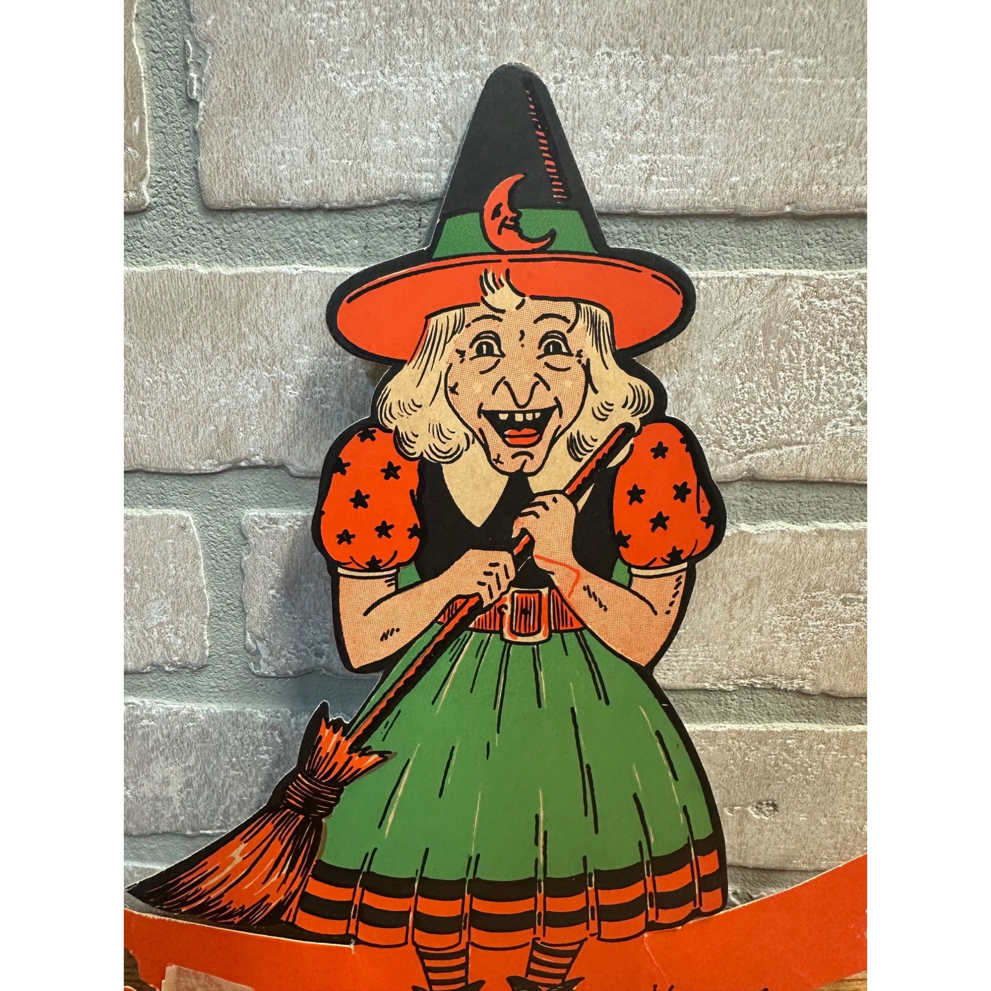 Vintage 1950s Beistle Halloween Diecut Standup - Witch w/ Broom