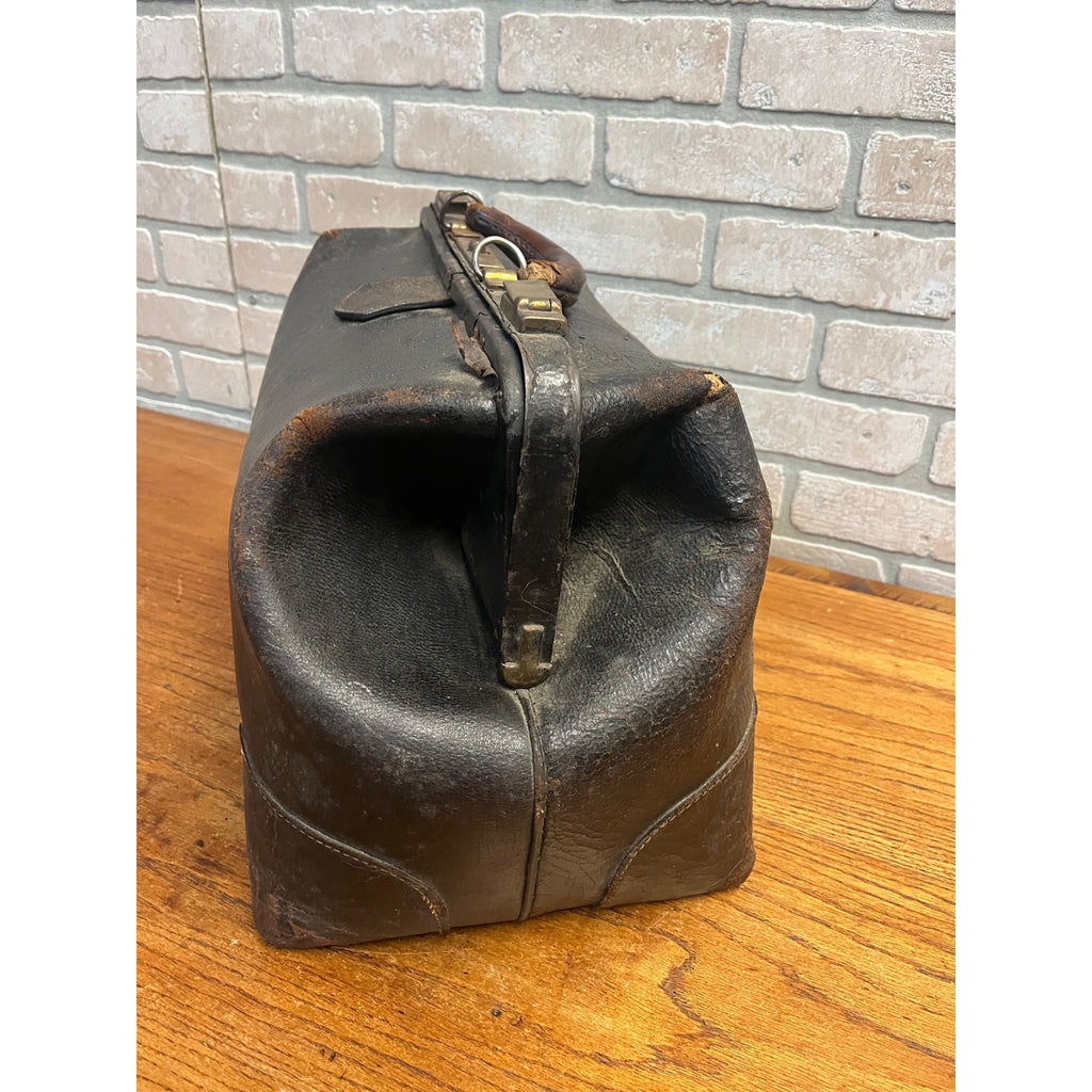 Antique Early 1900s Doctor Bag Medicine Bag Black Leather No Key - Distressed