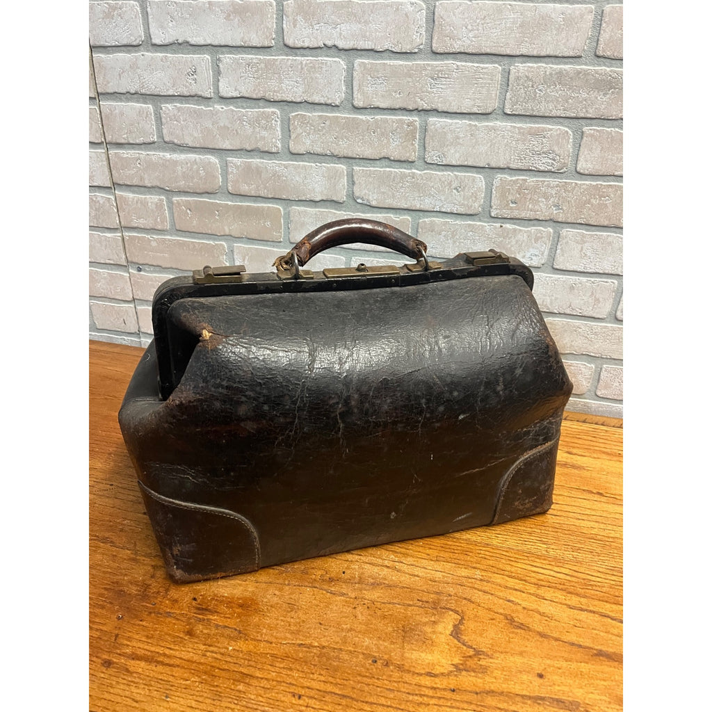 Antique Early 1900s Doctor Bag Medicine Bag Black Leather No Key - Distressed