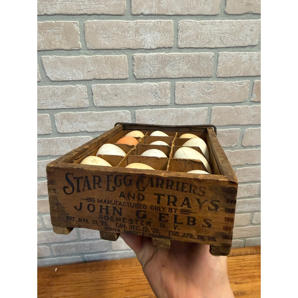 Antique Wood Star Egg Carrier Crate Dozen Milk Glass Eggs Crate John G Elbs 1906