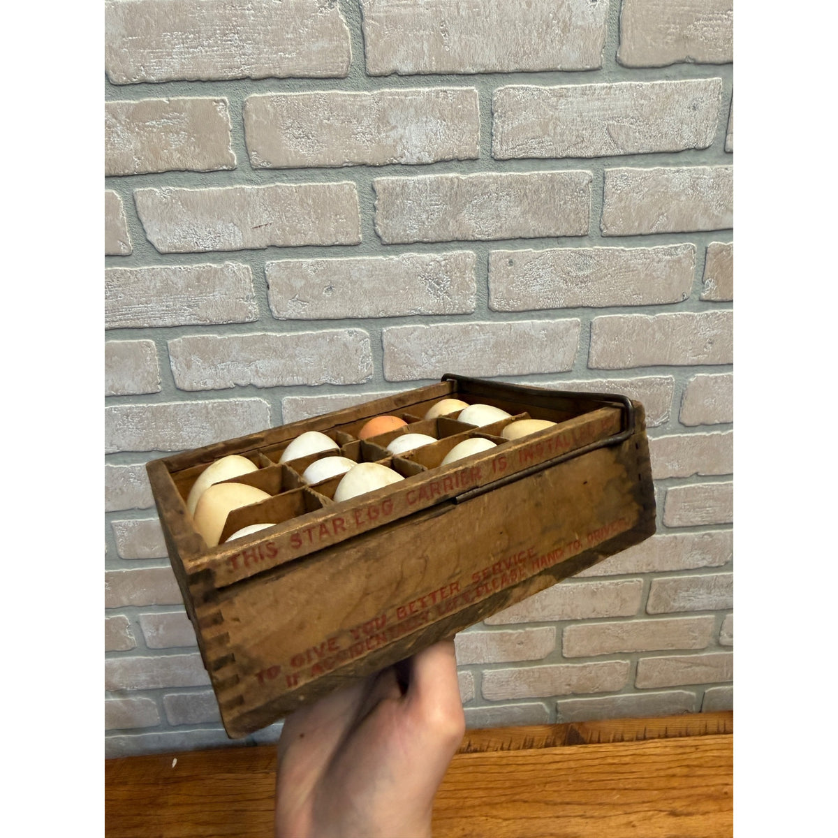Antique Wood Star Egg Carrier Crate Dozen Milk Glass Eggs Crate John G Elbs 1906