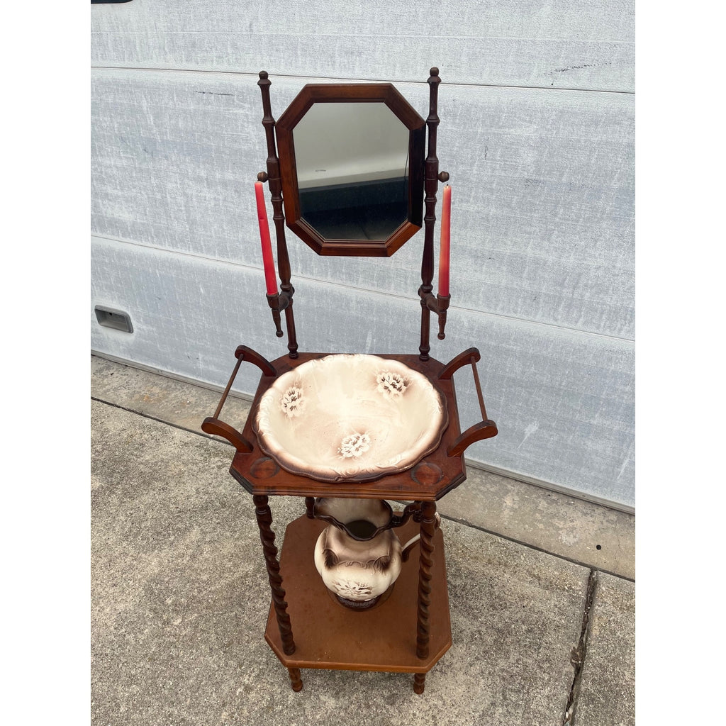 Antique Victorian Shaving Stand Mirror Wash Basin Pitcher Candle Holders c1900