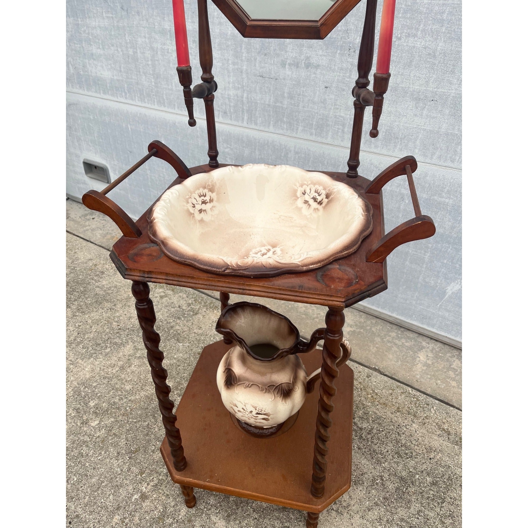 Antique Victorian Shaving Stand Mirror Wash Basin Pitcher Candle Holders c1900