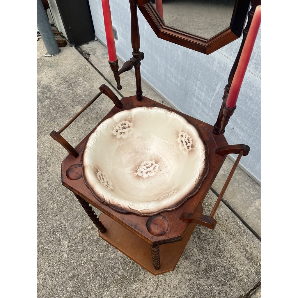 Antique Victorian Shaving Stand Mirror Wash Basin Pitcher Candle Holders c1900